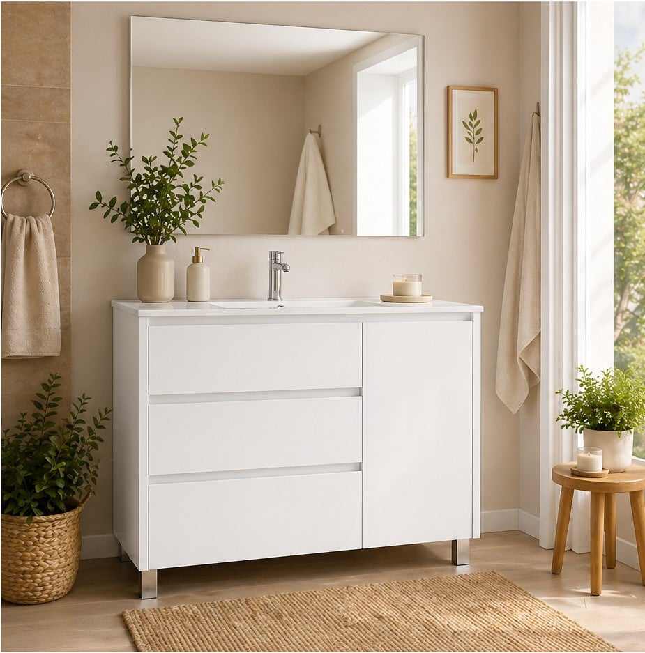 Set mobilier de baie VOLUM 3 sertare și ușă, lavoar și oglindă Alb Lucios 100x45 cm