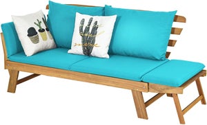 COSTWAY Canapé de Jardin Convertible 2 Places en Bois d’Acacia Certifié FSC avec Coussin Amovible, Accoudoir Extensible, Charge 320KG,Bleu