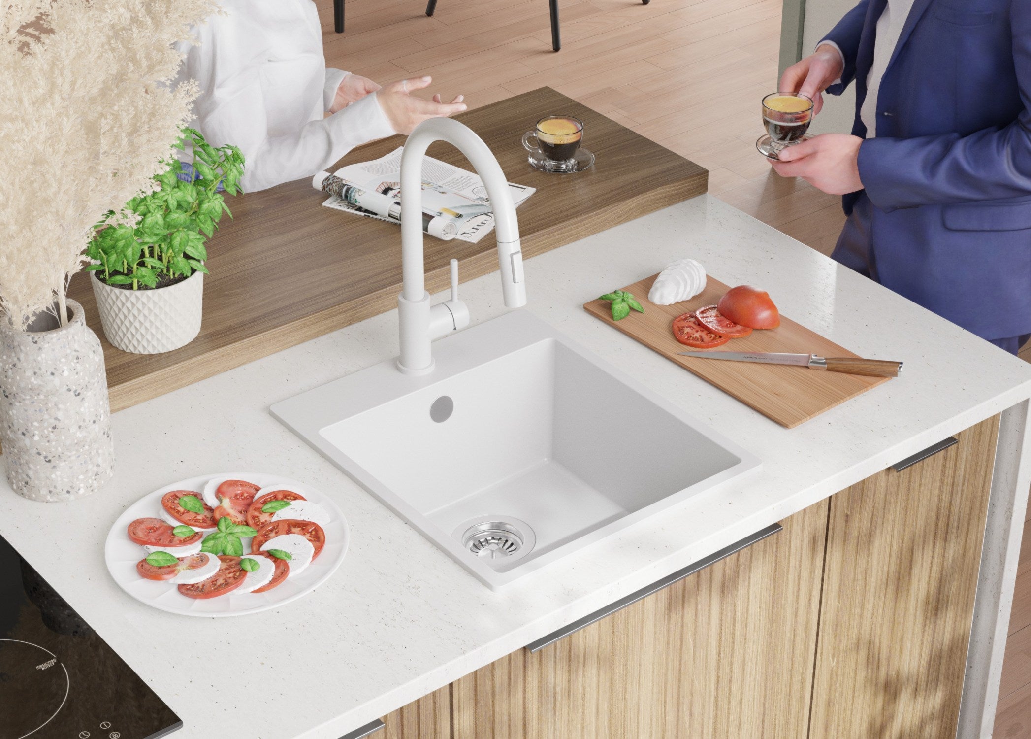 Lavello da Cucina Bianco 43x50cm, Lavandino in Granito a 1 vasca + Sifone Classico, Lavabo da Cucina Incasso al mobile 45cm - Riga PRIMAGRAN - 8