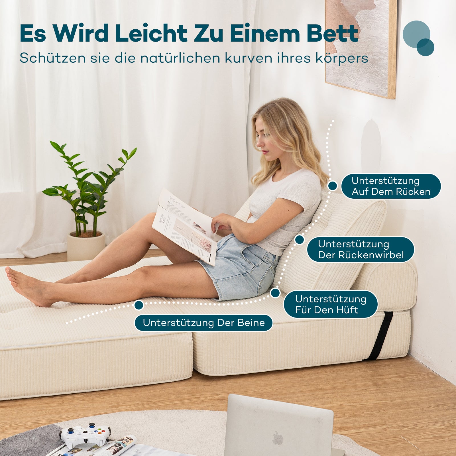 Canapé Convertible 3-en-1, Lit d'appoint avec Coussin, Fauteuil-Lit, Canapé Lounge Confortable pour Chambre et Salon, Blanc - 6