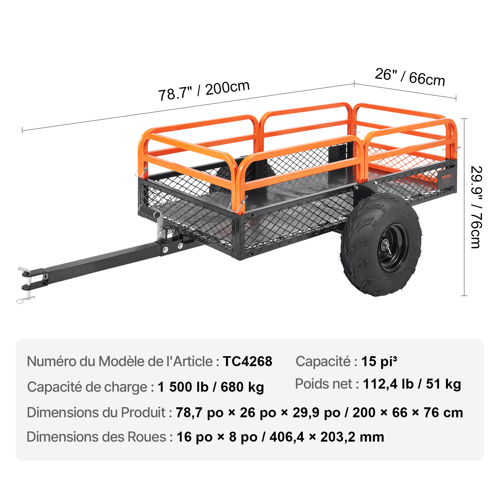 Remorque utilitaire robuste 680 kg SucceBuy, benne basculante de jardin 0,4 m³ avec côtés amovibles, idéale pour tracteur tondeuse ATV UTV - 2