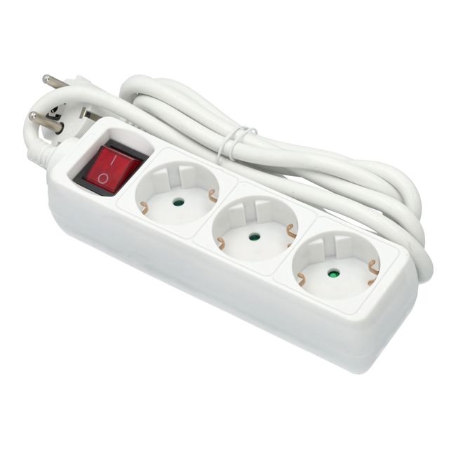 Striscia di Blocco di Prolunga con Interruttore a 3 Prese, Bianco, 2 Metri 16A 250V fino a 3650W. Colore Bianco