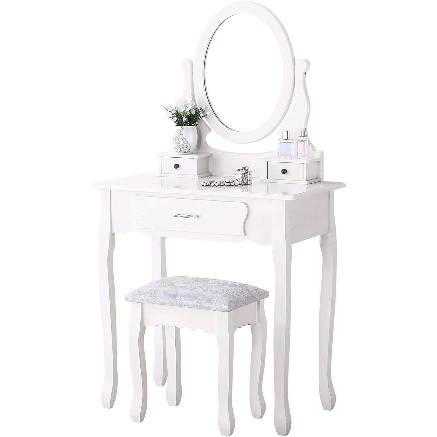 Coiffeuse avec miroir à 360°, 3 tiroirs, 1 tabouret rembourré, miroir amovible, MDF, 40x75x136 cm, style Scandinave - blanc - 7