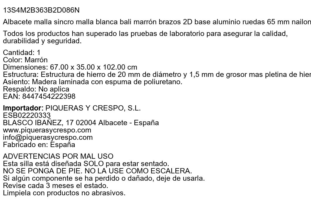 Sillón Albacete con mecanismo Sincro tapizada con Tela color Marrón y ...