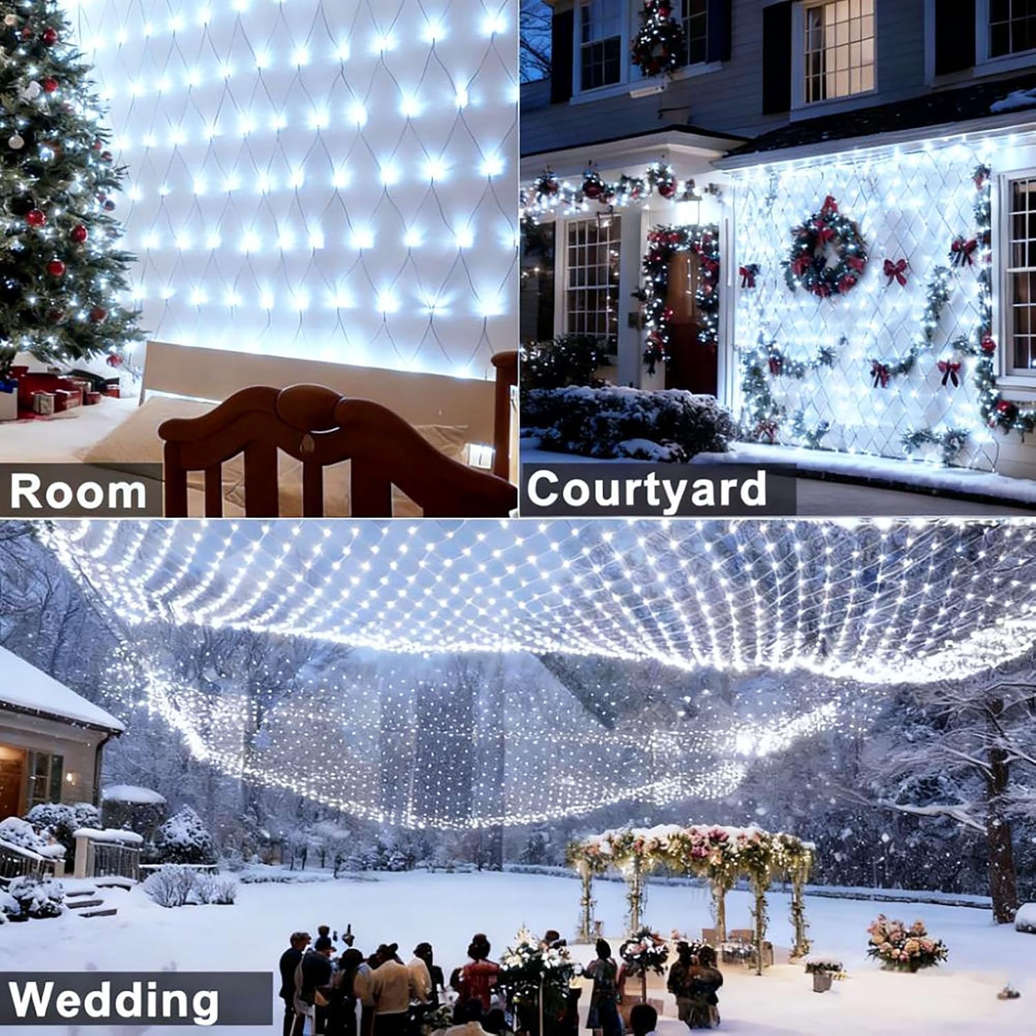 Luci solari a rete, luci a rete impermeabili a 192 LED da 3x2 m, 8 modalità di luci a rete con telecomando, bianco freddo - 4