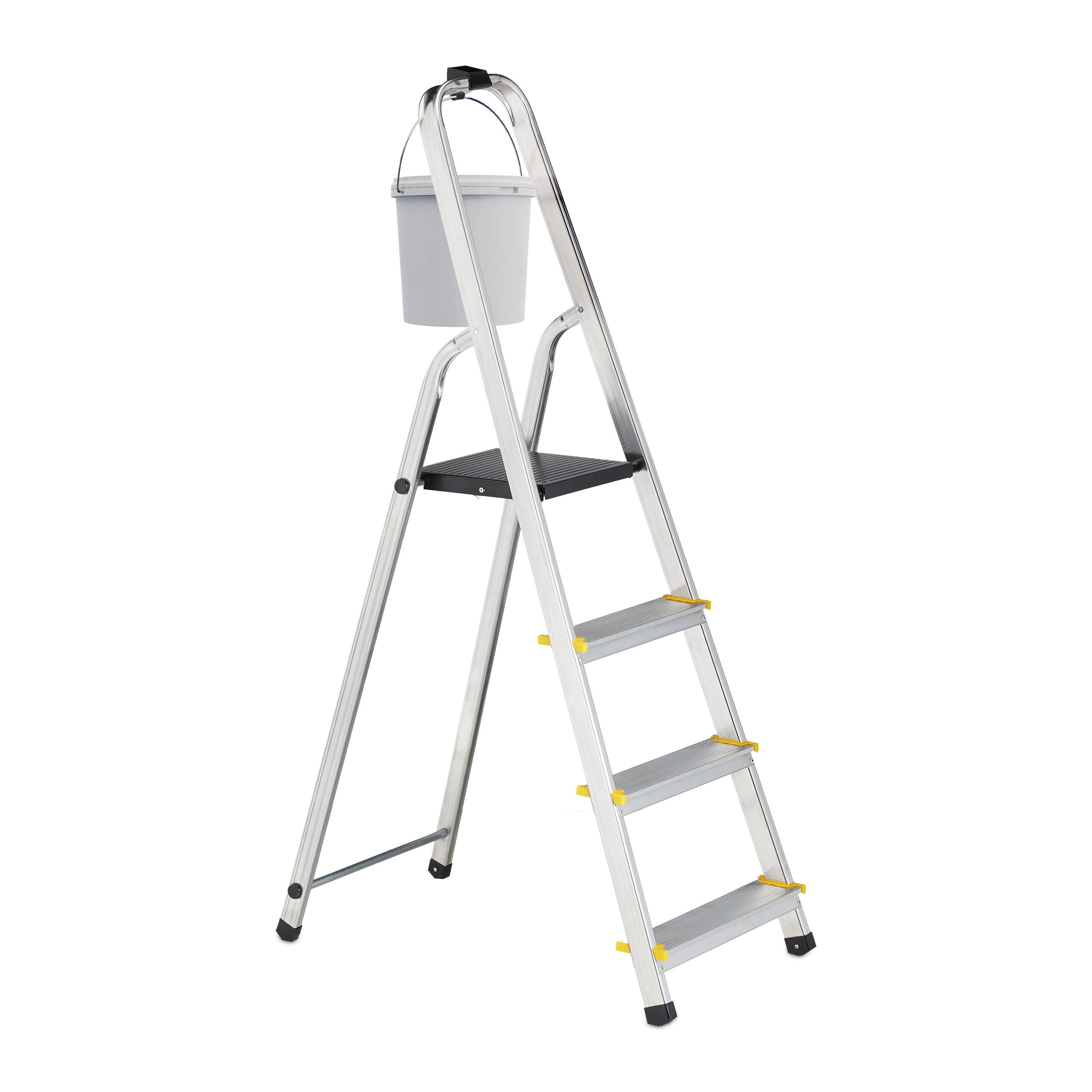 Scaletta In Alluminio Relaxdays 4 Gradini – Con Barra Di Sicurezza, Portata 150 Kg, Pieghevole, 137x43x75 Cm