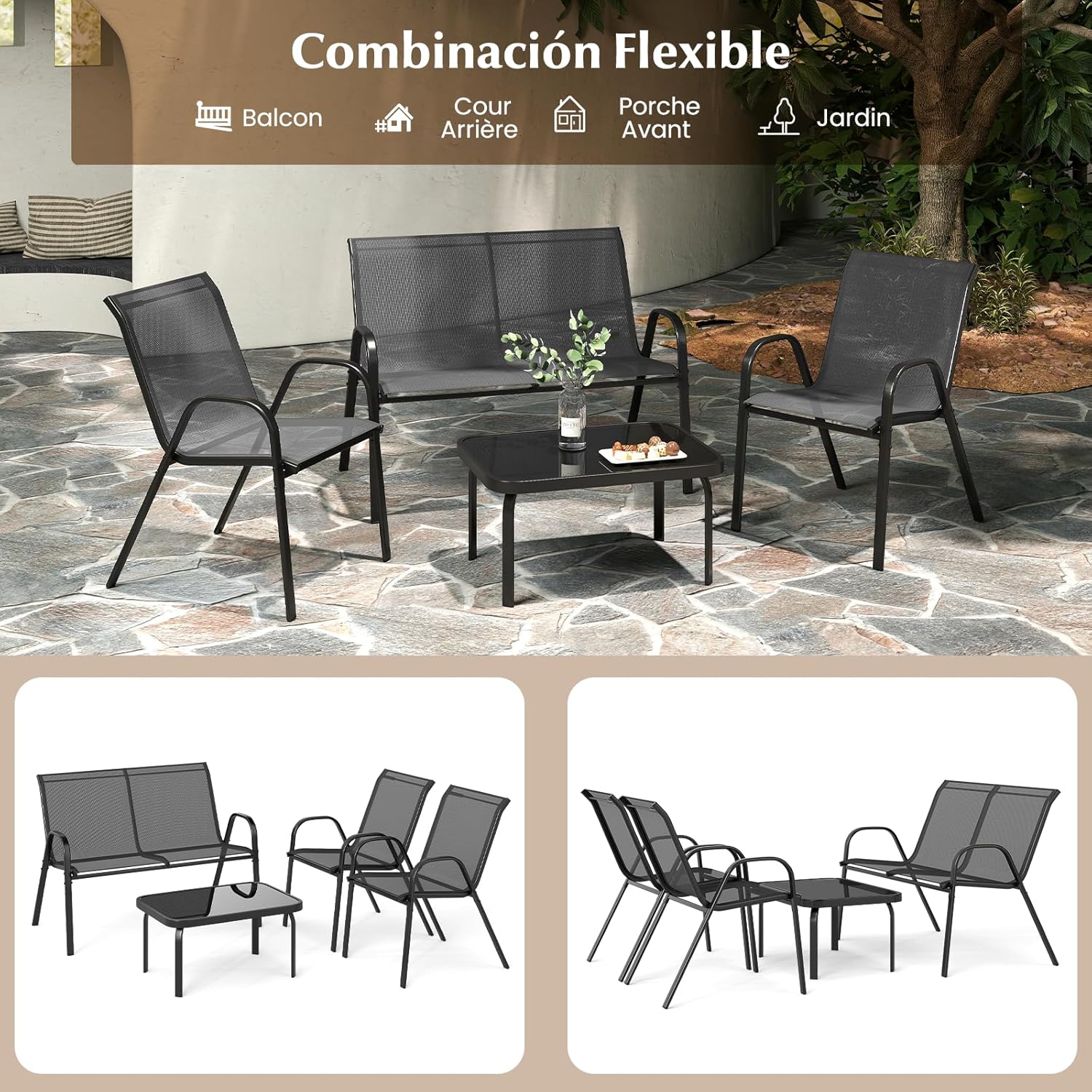 Salon de Jardin 4 Personnes Exterieur, 4 Pcs Canapé Exterieur avec Table Basse en Verre Trempée, 2 Fauteuils,pour Terrasse,Balcon (Gris) - 3