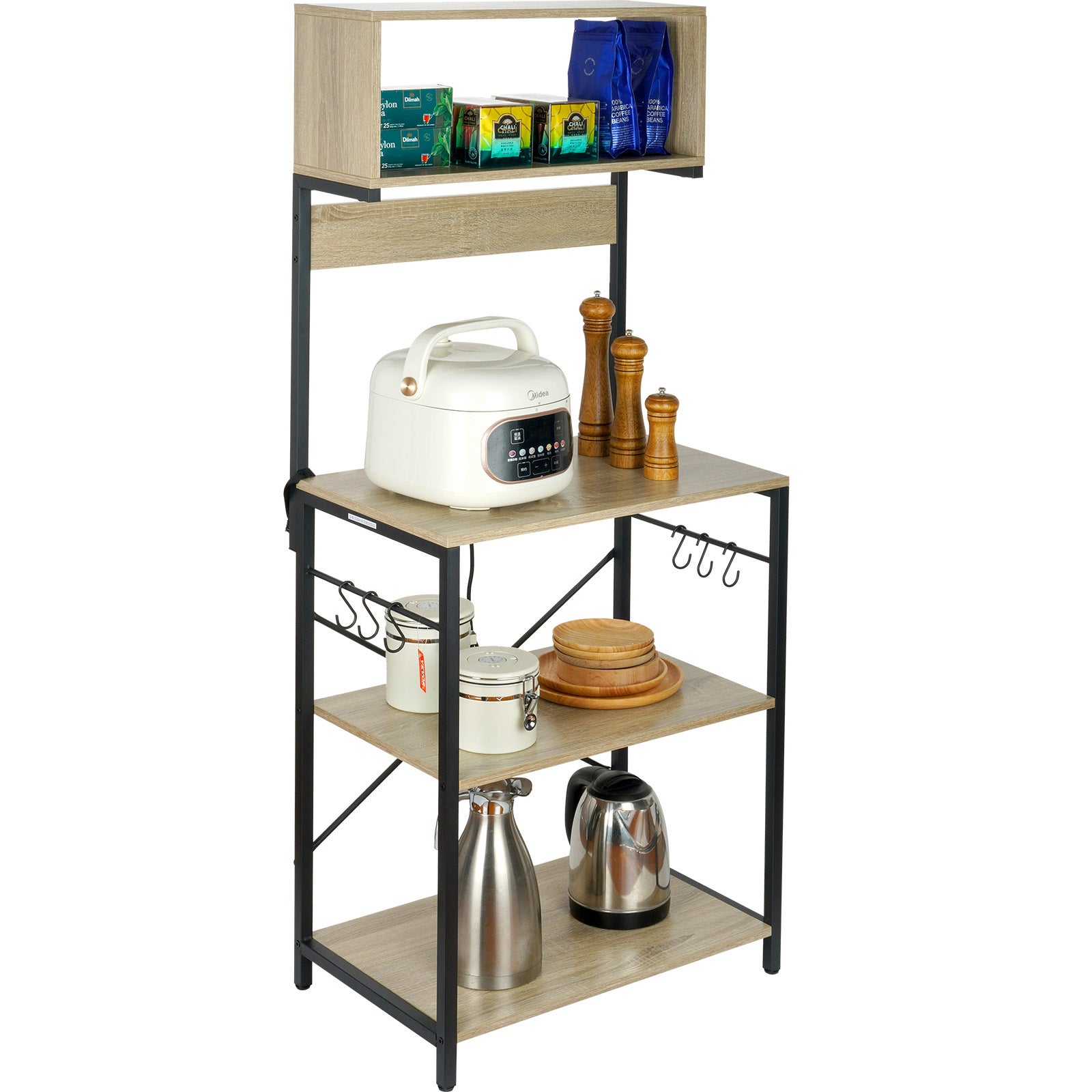 Meuble Rangement Cuisine 6 Étagères Avec Roulettes - Armoire Métallique Noire, Portes Vitrées, Panneau Perforé Et Crochets