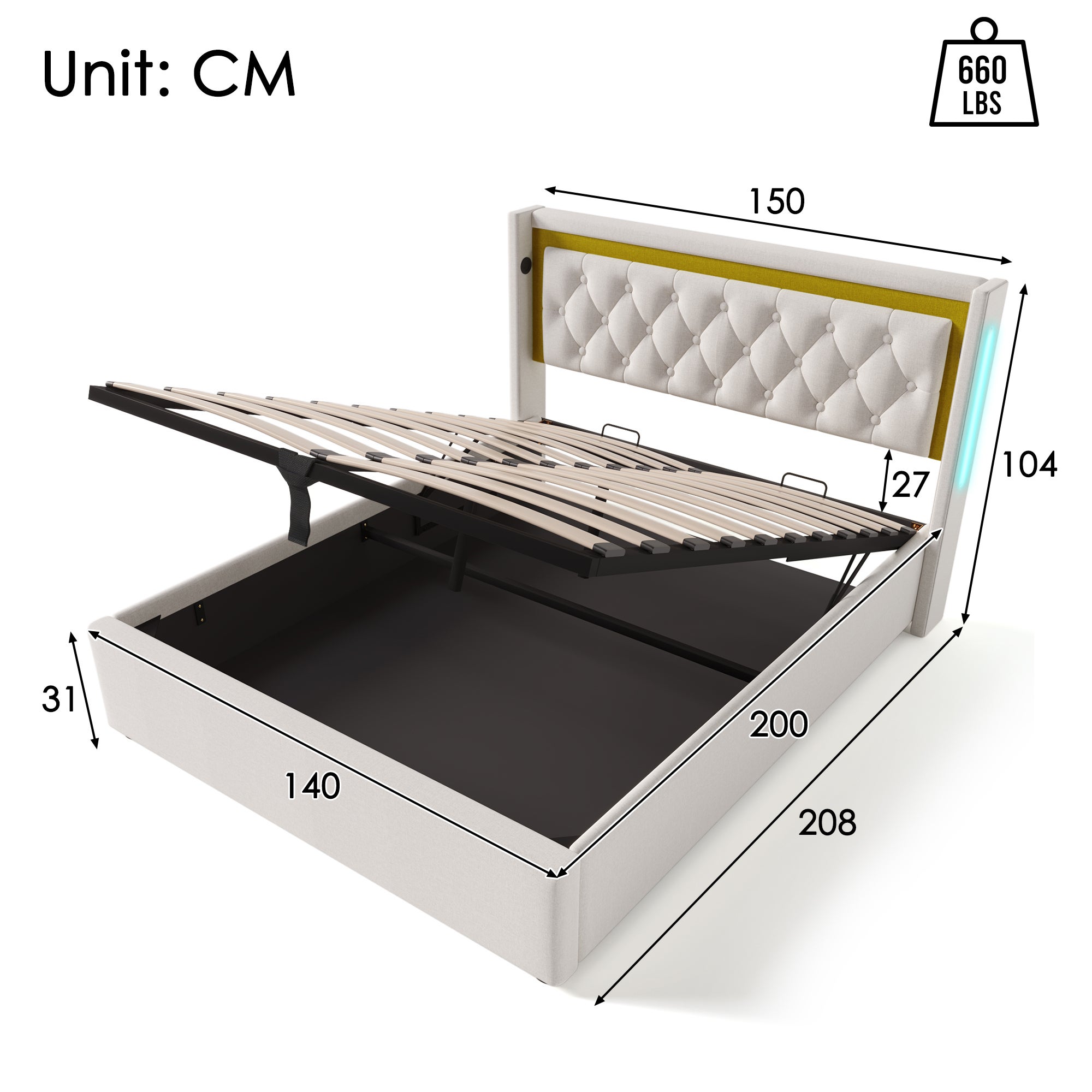 Łóżko bawełniane z pojemnikiem 140x200 cm z oświetleniem LED i portami USB – z podstawą z listew – beżowe - 6