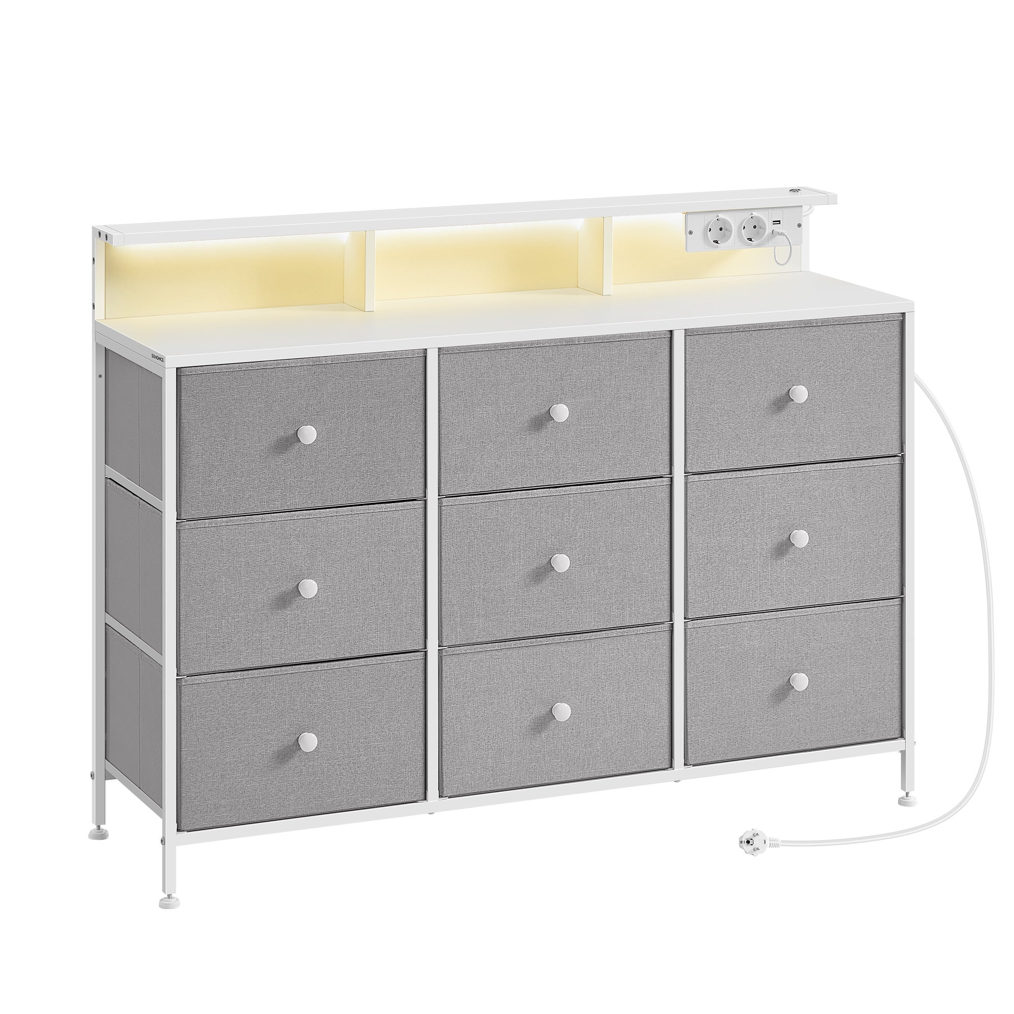 Commode 9 Tiroirs SONGMICS Avec LED Et Multiprise - Blanc 114x84cm