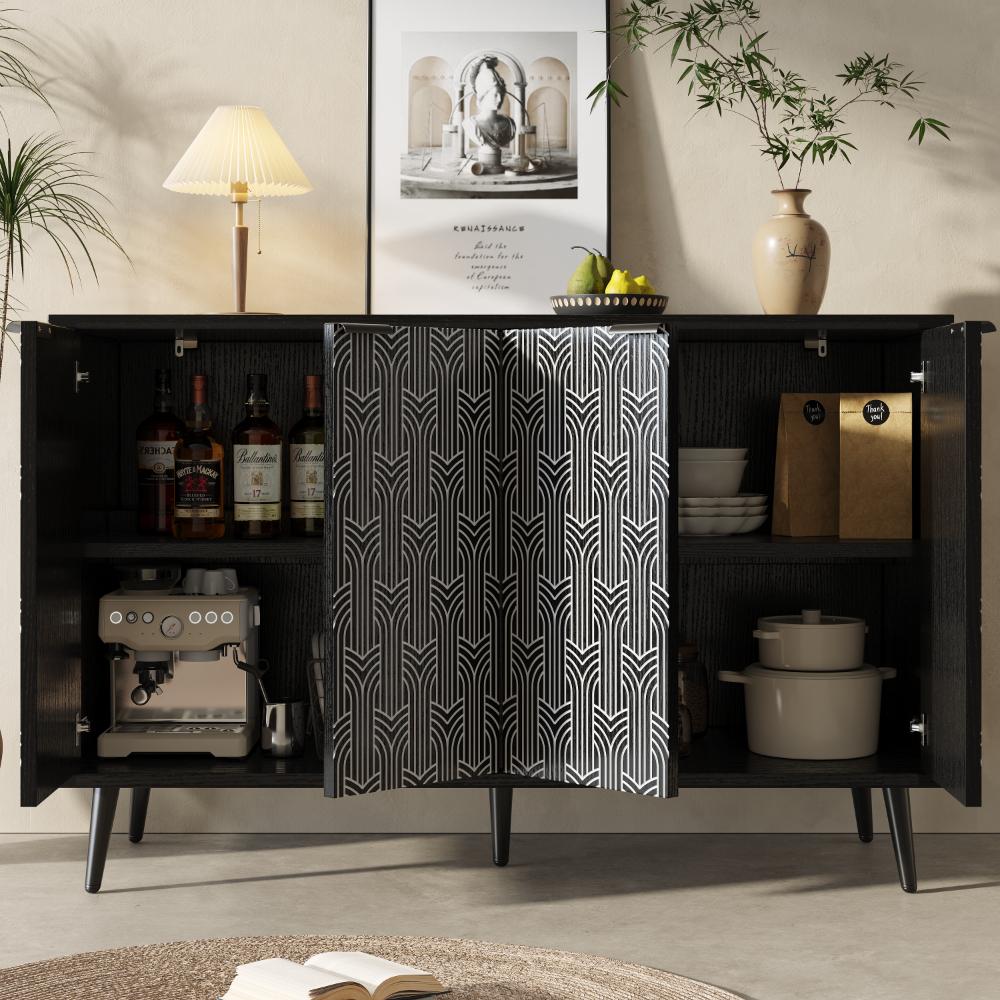 Czarny bufet do przechowywania 120 × 35 × 78 cm z rzeźbionymi drzwiami, geometryczny design, stabilne metalowe nogi