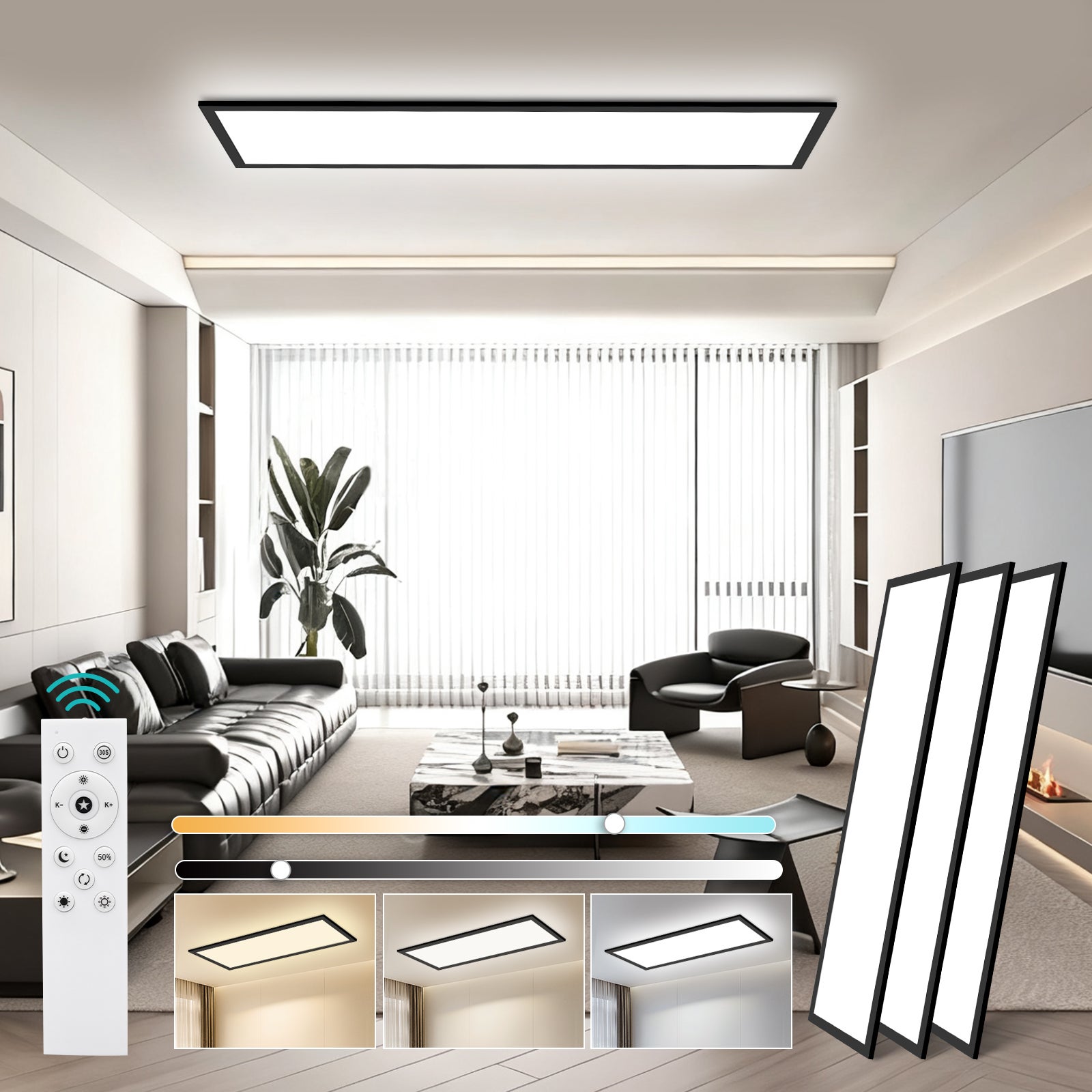 LOVHAUS 3PCS Lampa Sufitowa LED 30W Czarna 100x25 cm, Panel LED Sufitowy Prostokątny Nowoczesny Ściemniający do Salonu, Biura, Kuchni z Pilotem