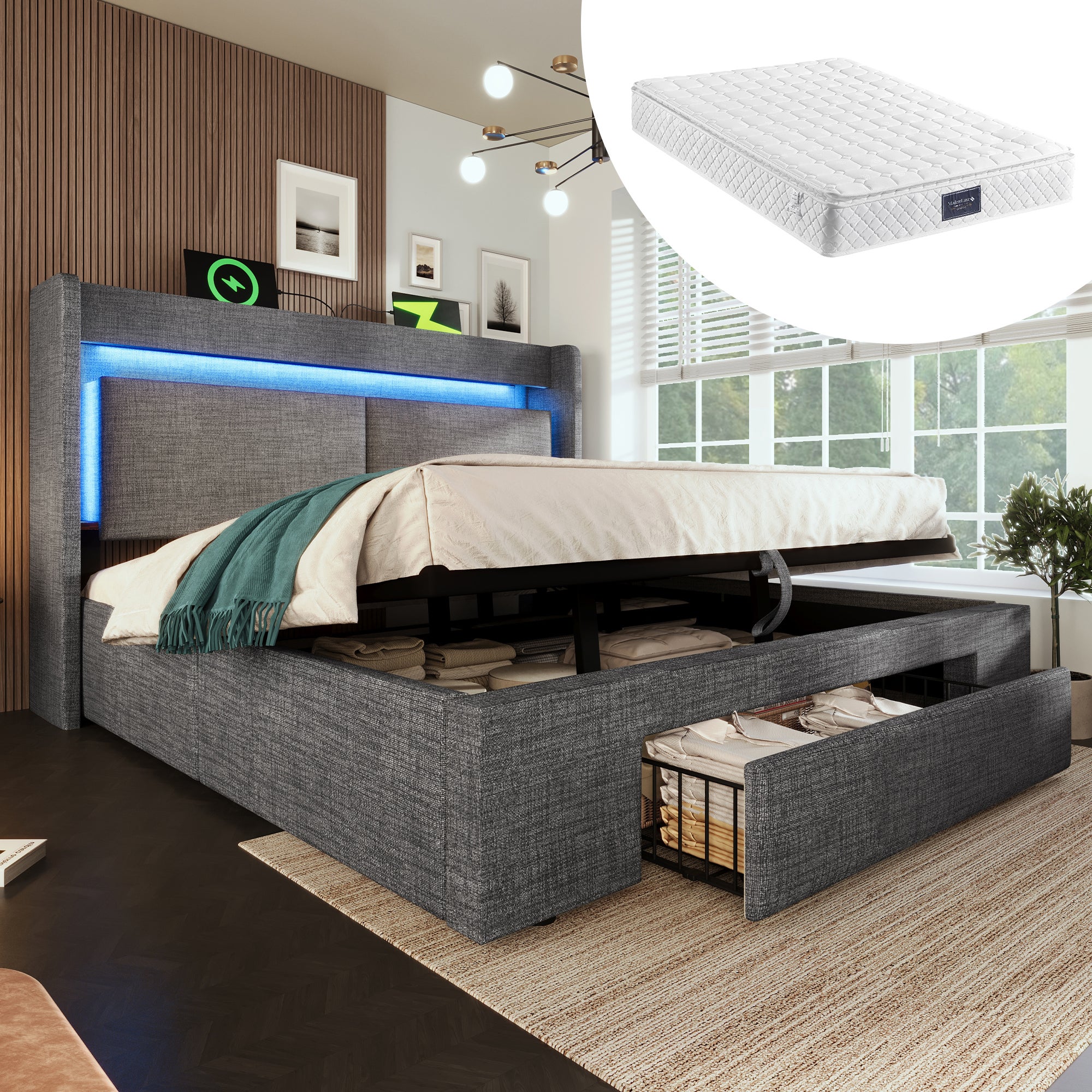 Łóżko z pojemnikiem na pościel 140 x 200 cm, zagłówkiem i 1 szufladą – tkanina lniana – diody LED oraz porty USB i typu C – szare (materac w zestawie)