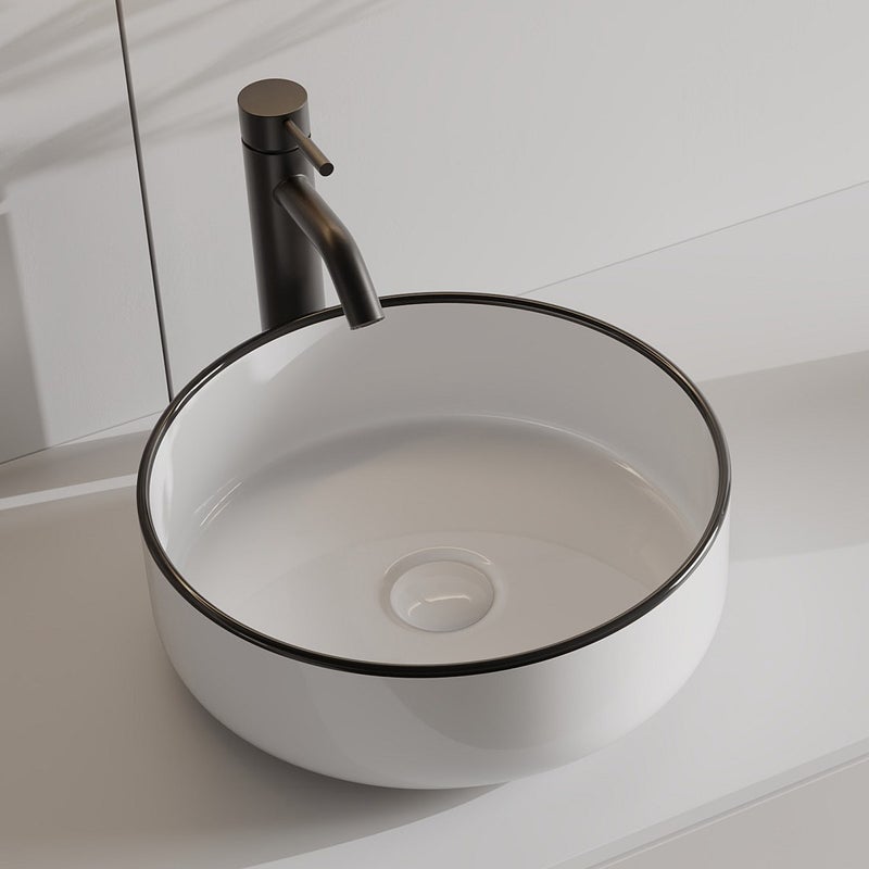 Umywalka nablatowa okrągła z ceramiki - Biały z czarnym brzegiem - 36 cm - LENISO II