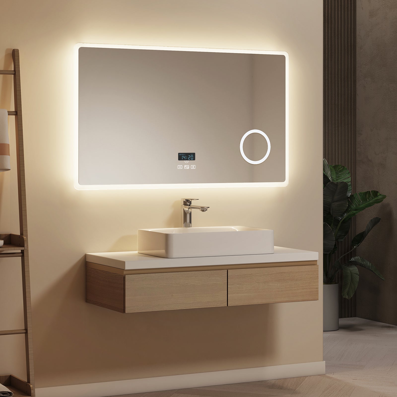 EMKE Miroir de salle de bain LED 100 x 60 cm - Bluetooth, Antibuée, 3 couleurs de lumière, intensité réglable, Grossissant 3x - 9
