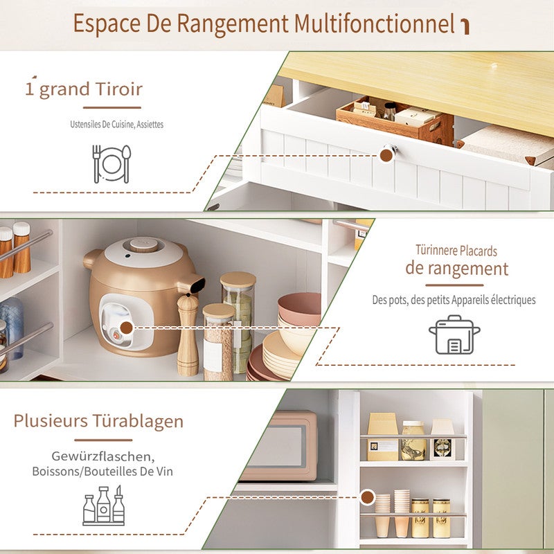 Îlot de cuisine mobile avec 1 tiroir,Chariot de cuisine avec plateau rabattable, Table de bar avec 3 étagères avec portes,Blanc 120×45-70×92 cm - 9