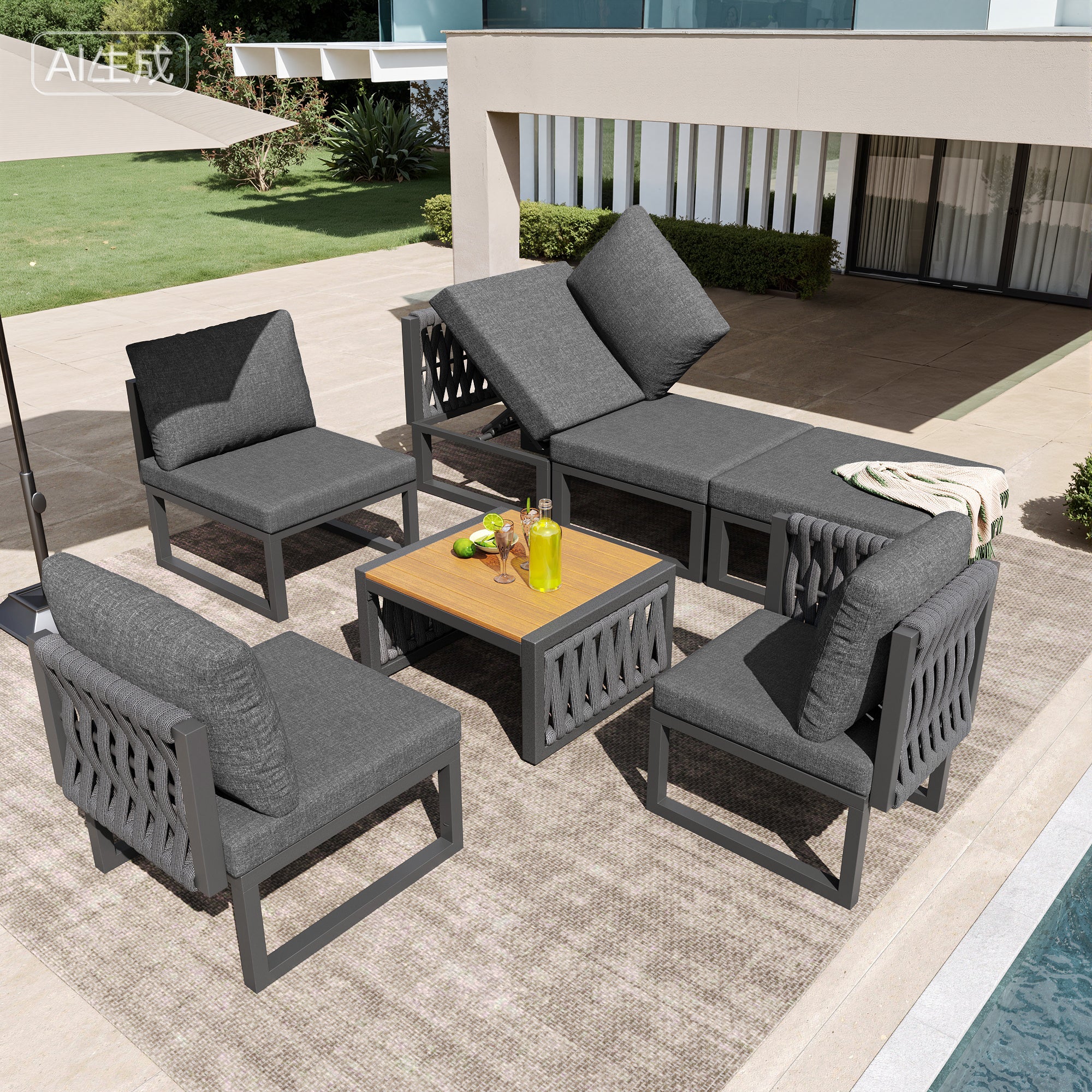 Salon de Jardin Exterieur,pour 6 personnes,Ensemble de canapé de jardin,Chaise longue double d'extérieur avec coussin,angle du dossier réglable,Gris - 7