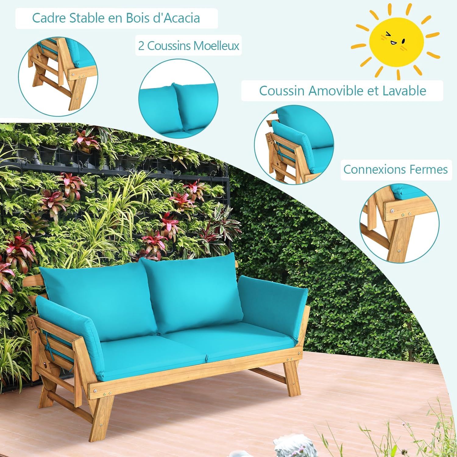 3 en 1 Canapé Lit de Jardin Extensible 2 Places Bois Acacia FSC Charge 320 KG-Accoudoirs Réglables/Coussins/Dossier Amovibles Turquois - 5