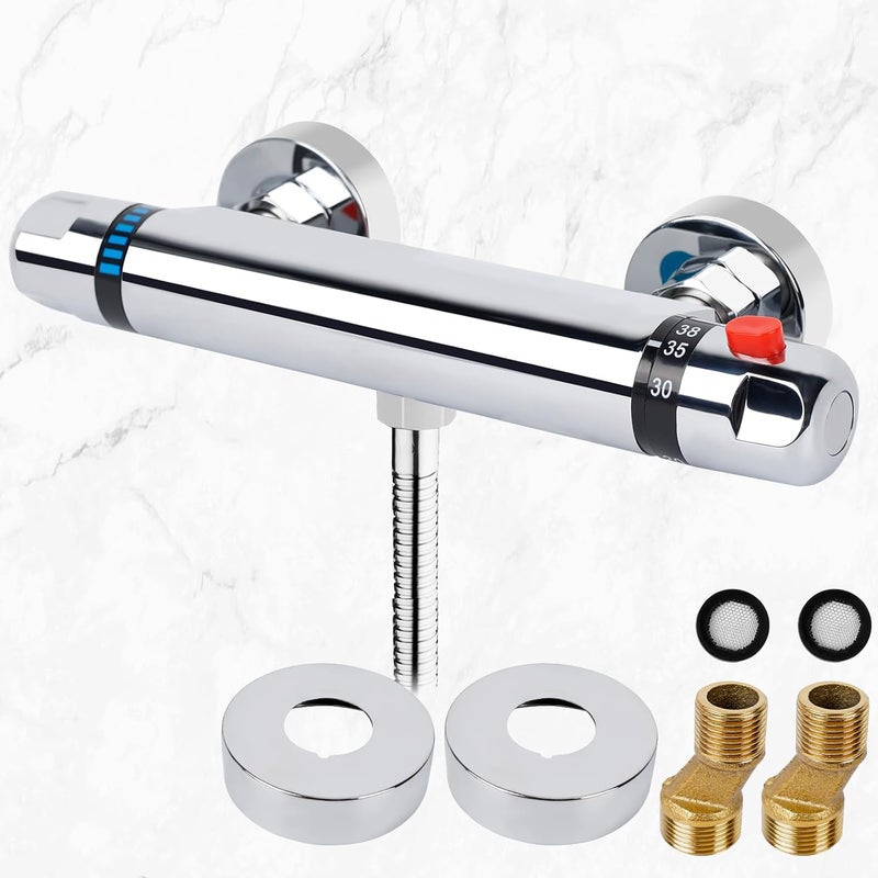 Bateria termostatyczna prysznicowa - bateria termostatyczna prysznicowa 150 mm z blokadą bezpieczeństwa 38°C - bateria ścienna prysznicowa mosiężna/ch