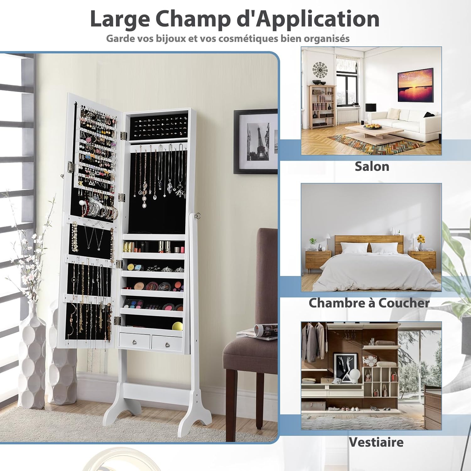 Armoire a Bijoux sur Pied avec Miroir Inclinable en 4 Positions, Armoire de Rangement Cosmetiques Verrouillable de Grande Capacite avec 6 Etageres - 4