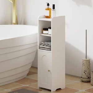 Mobile Bagno Salvaspazio Slim 80x24x20 Cm – Armadietto Stretto Con 3 Ripiani E Anta, In MDF Bianco Per Bagno WC Cucina E Camera