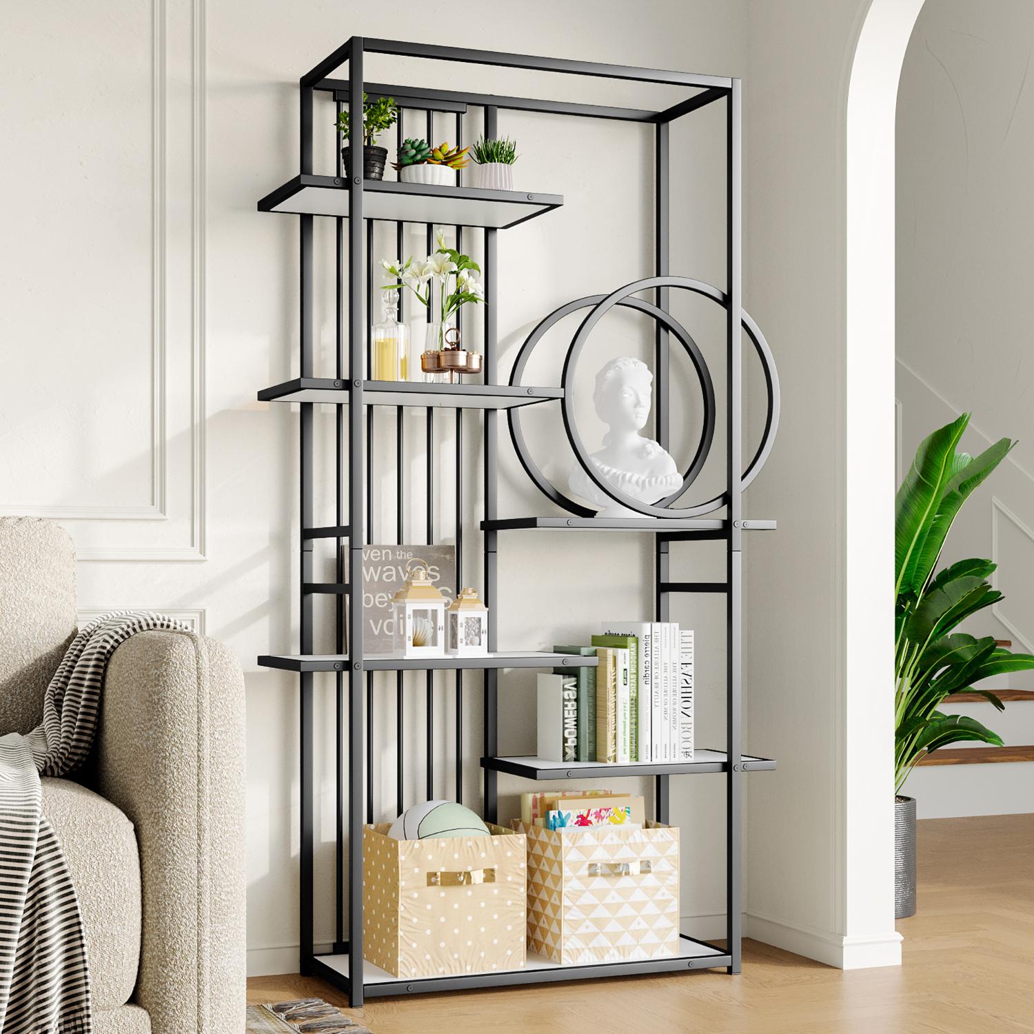 Designerska półka 100x30x180 cm ze stali i MDF, czarno-biała geometryczna struktura, 6 dekoracyjnych poziomów