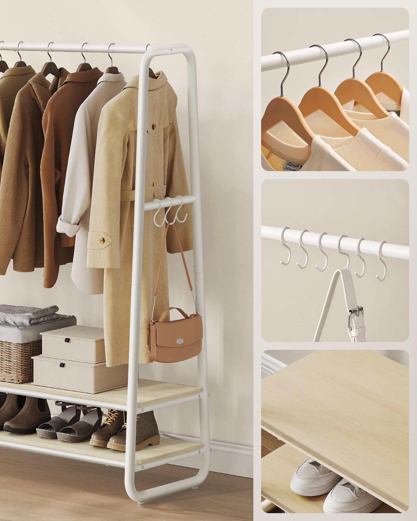 Portant à Vêtement, avec 2 Étagères, 6 Crochets en Forme de S, Cadre en Acier, 45 x 138 x 160 cm, Beige Naturel et Blanc Mat - 6