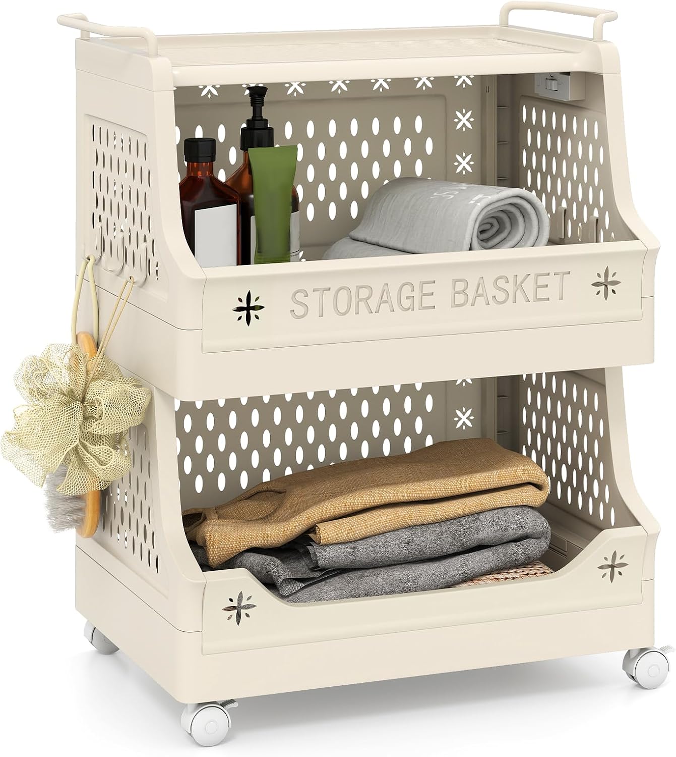 Wózek do Przechowywania z Szerokimi Regałami, 2 Uchwytami, Zamknięciem na Zatrzask, Mobilny Pojemnik do Kuchni, Łazienki, Salonu (2 Poziomy)