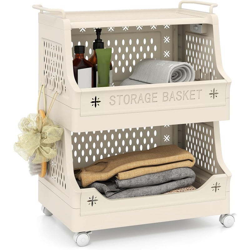 Wózek do Przechowywania z Szerokimi Regałami, 2 Uchwytami, Zamknięciem na Zatrzask, Mobilny Pojemnik do Kuchni, Łazienki, Salonu (2 Poziomy)