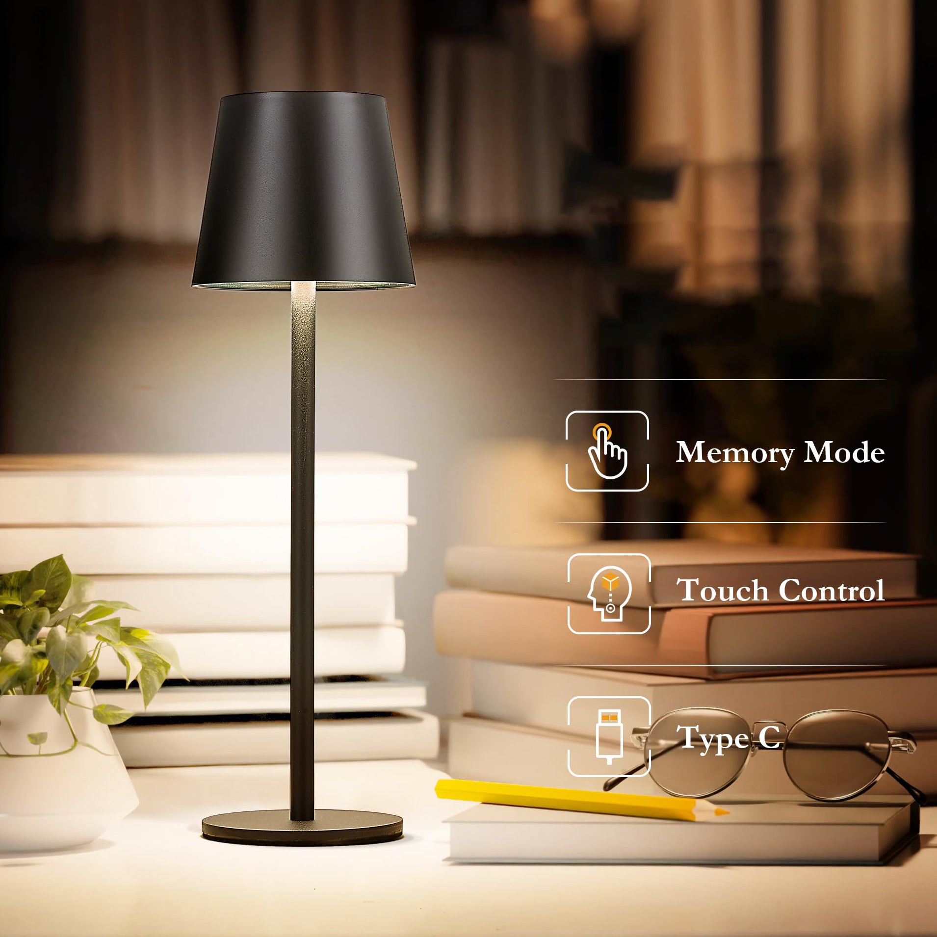 Sientice Lot de 2 lampes de table sans fil, lampes de bureau rechargeables étanches IP54, 3 températures de couleur à gradation continue - 2