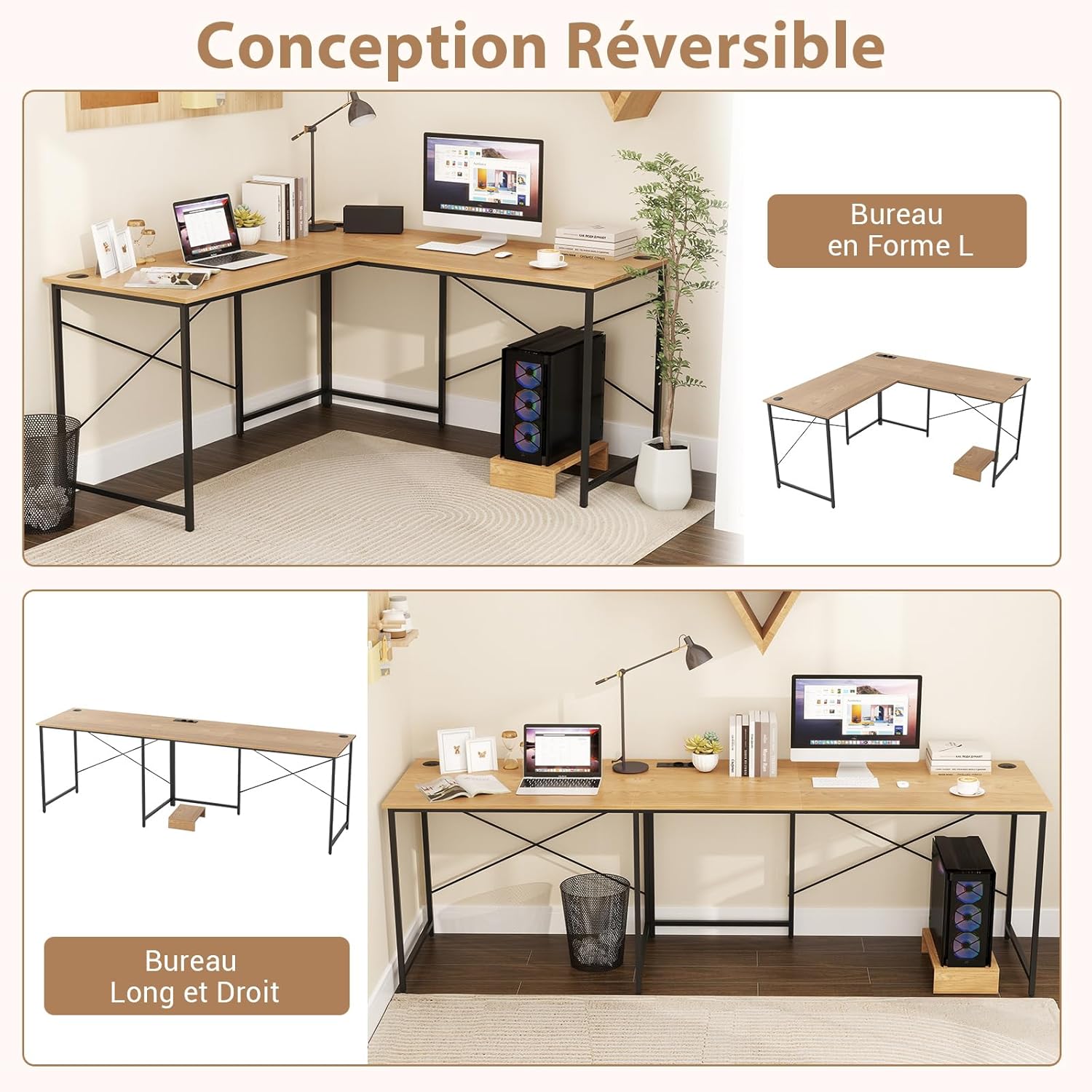 Scrivania Angolare Salvaspazio Reversibile, Scrivania ad Angolo a Forma di L con Presa Integrata, Supporto per Host e Fori per la Gestione dei - 7