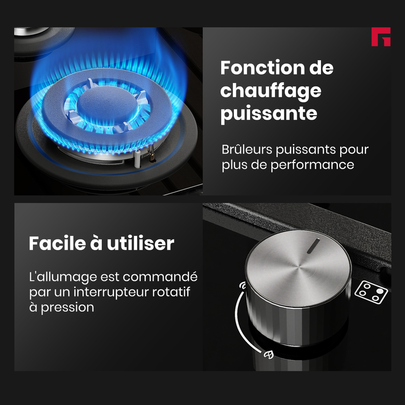 GASLAND GCH604BF Table de cuisson mixte 4 zones 8,1 kW, Plaque de cuisson 2 vitrocéramique + 2 gaz, Revêtement verre - 4