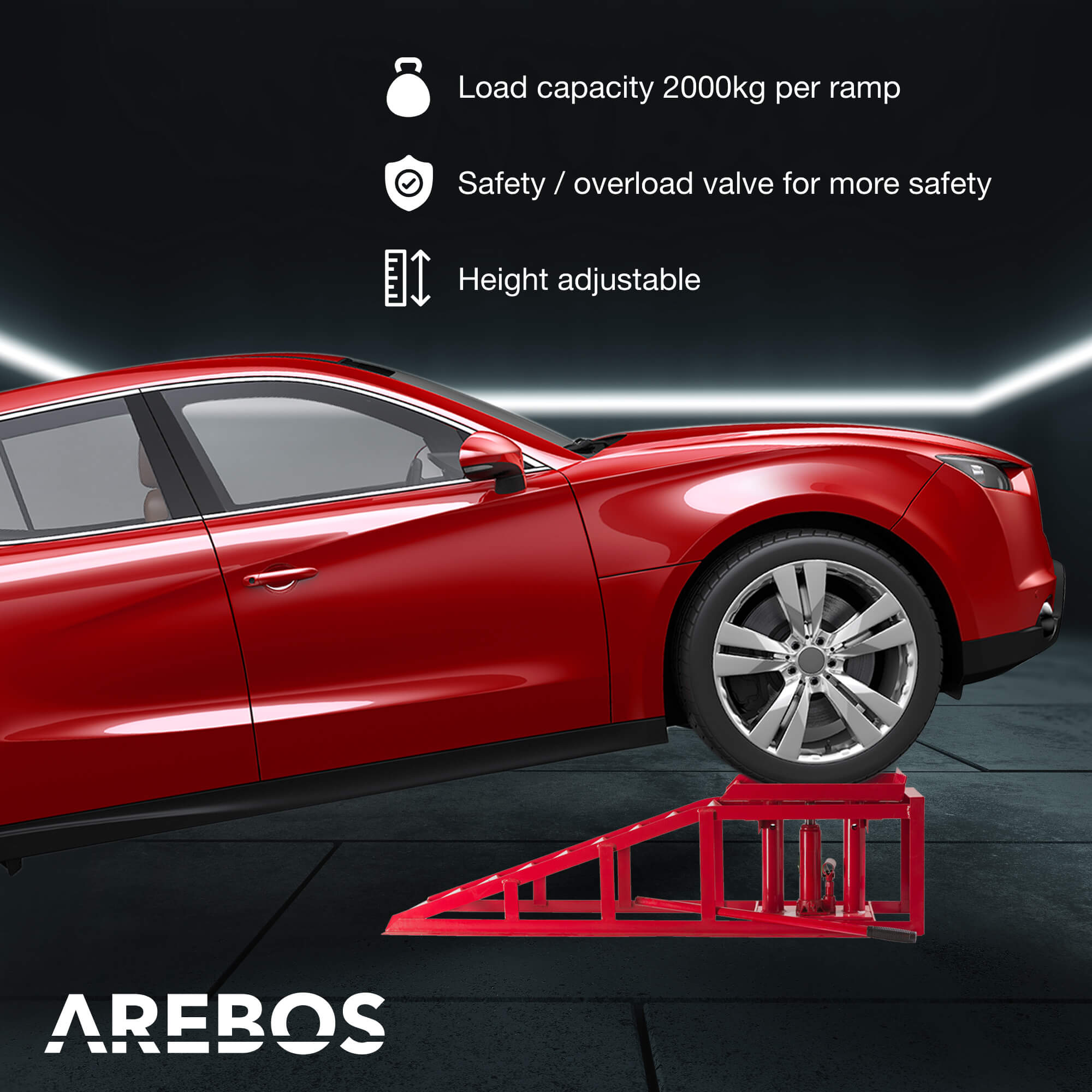 AREBOS Rampa di accesso regolabile 290–375 mm in acciaio robusto con cilindro idraulico, capacità di carico fino a 2000 kg Rosso - 4