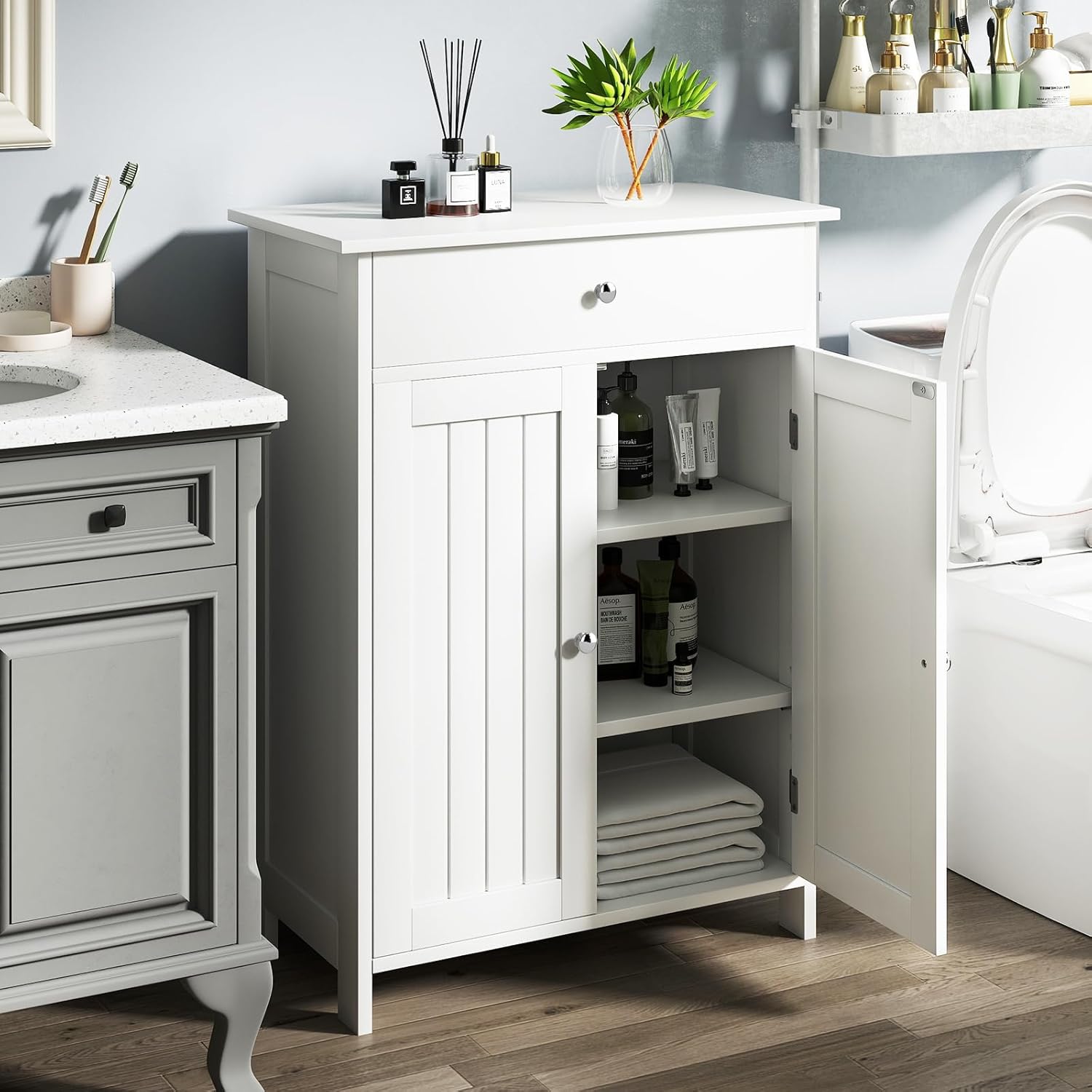 Meuble Salle de Bain 60 x 30 x 80 CM, Armoire de Rangement avec 1 Tiroir, 2 Portes, Étagère Réglable, avec Dispositif Anti-Basculement, Blanc - 2