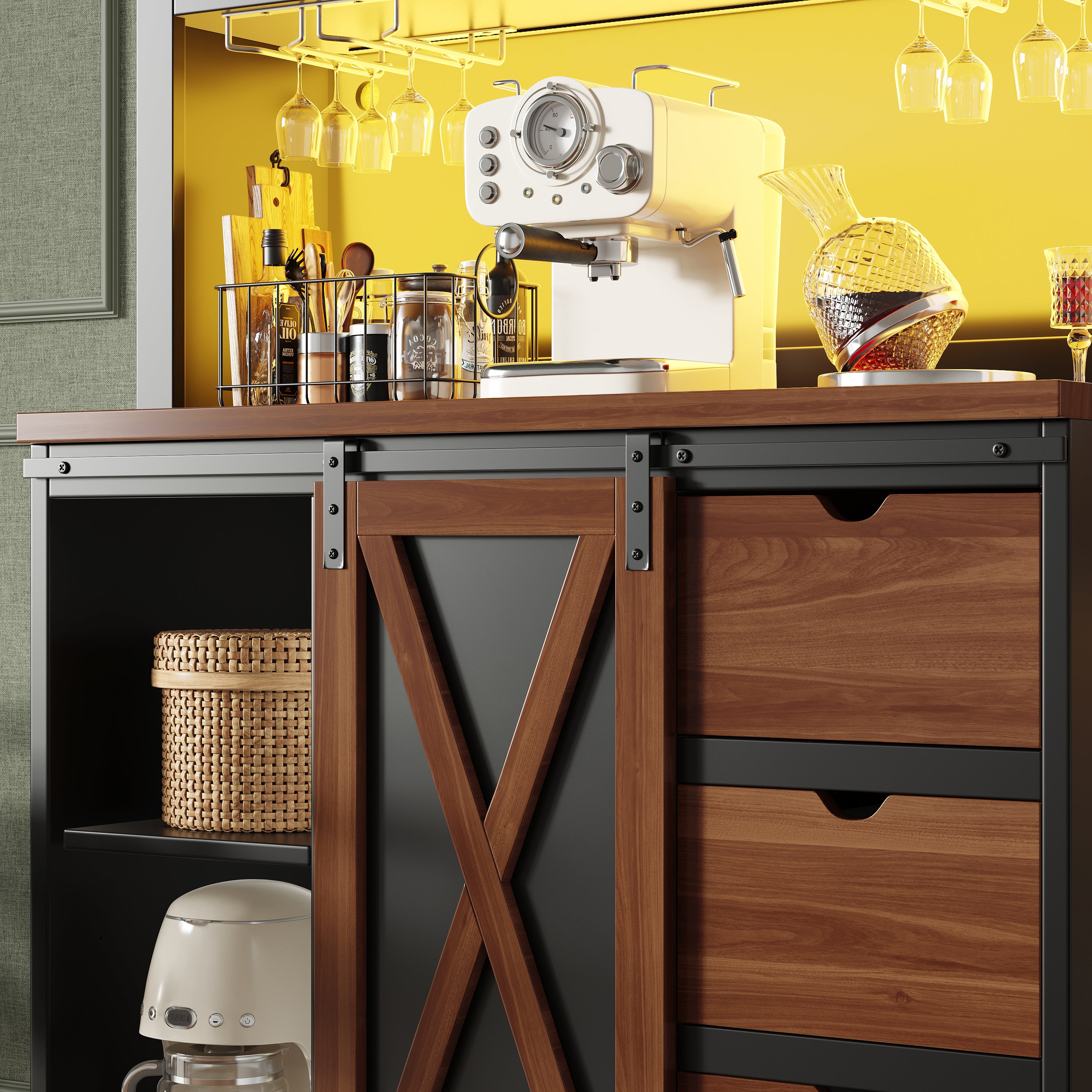 Buffet de cuisine haut avec 3 portes, 3 tiroirs et compartiments - 104 x 40 x 180 cm - MDF + verre - LEDs - Noir - 5