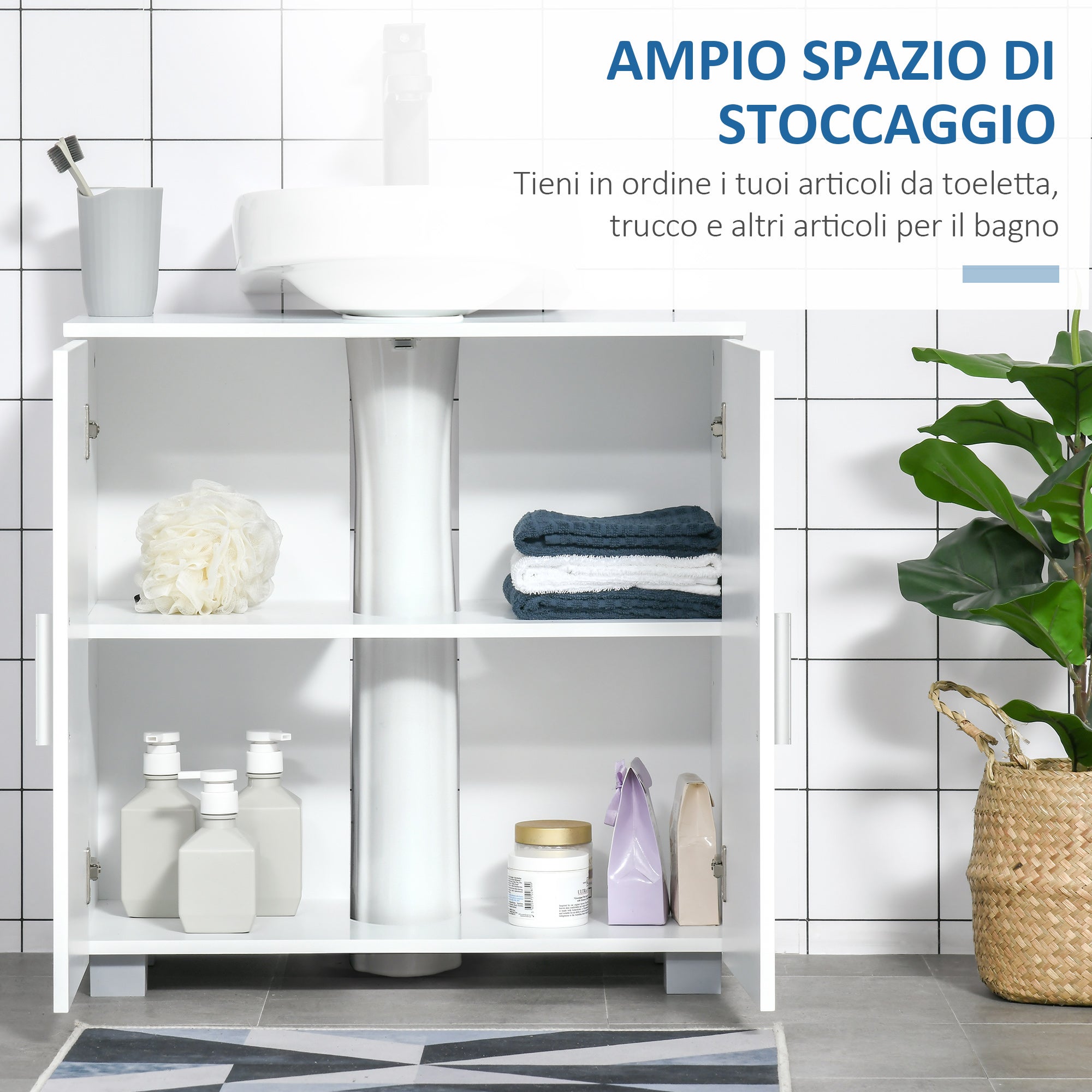 kleankin Mobile Sotto Lavabo Bagno Salvaspazio a U con 2 Ante e Ripiano Interno Regolabile, 60x30x60cm, Bianco - 5