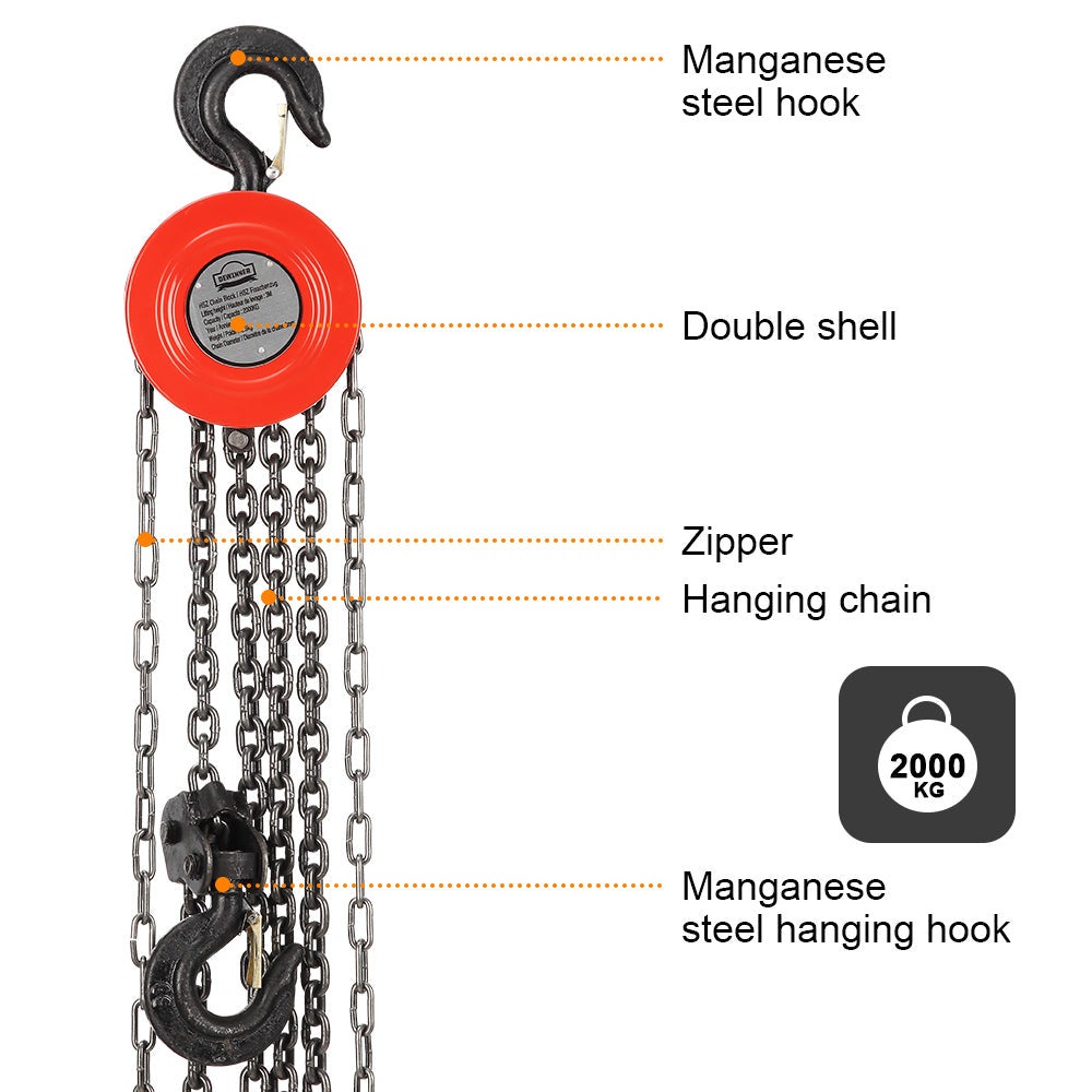 DEWINNER Palan à chaîne Manuel 2T avec Crochet Robuste, Hauteur de Levage 3M - 5