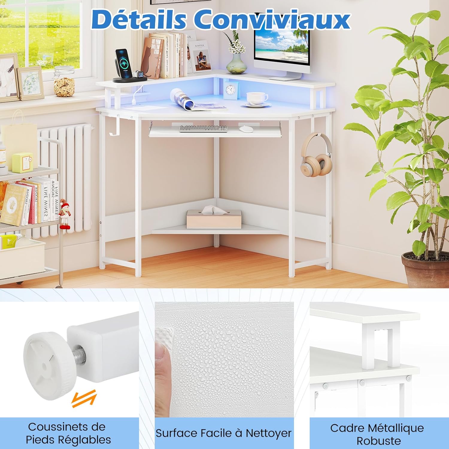 Bureau d'angle avec Station de Charge, Bureau Gaming avec LED, Plateau pour Clavier et Support pour Écran, pour Petits Espaces, Blanc - 8