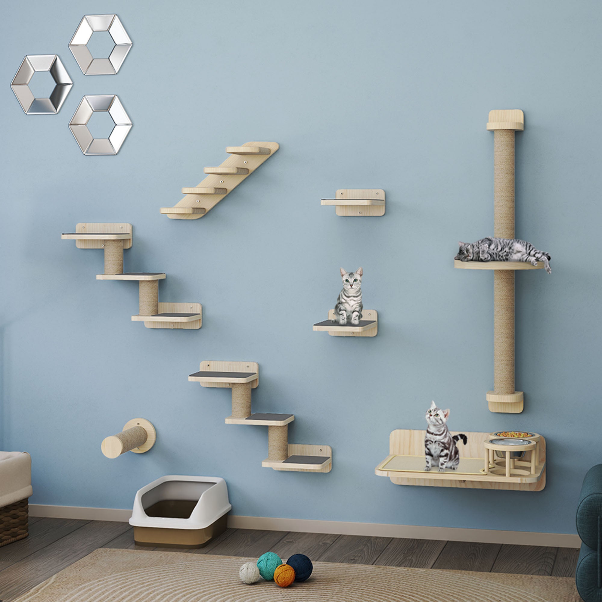 Balconera Ensemble de 8 murs d'escalade pour chats - 1 escalier, 2 plateformes et 2 échelles - Gris et chêne - 3