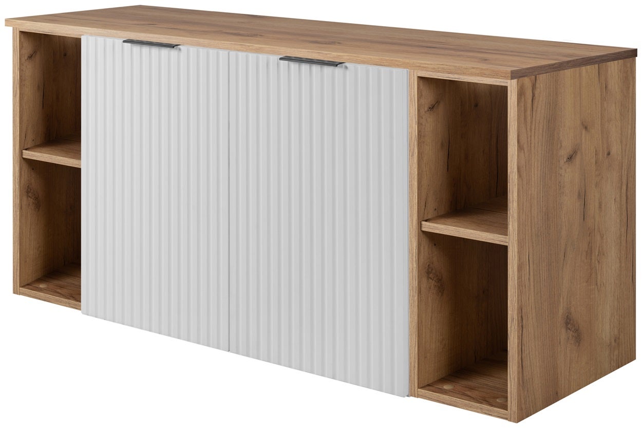 Zestaw łazienkowy FLOW 120 cm biały z blatem dąb craft i regałami