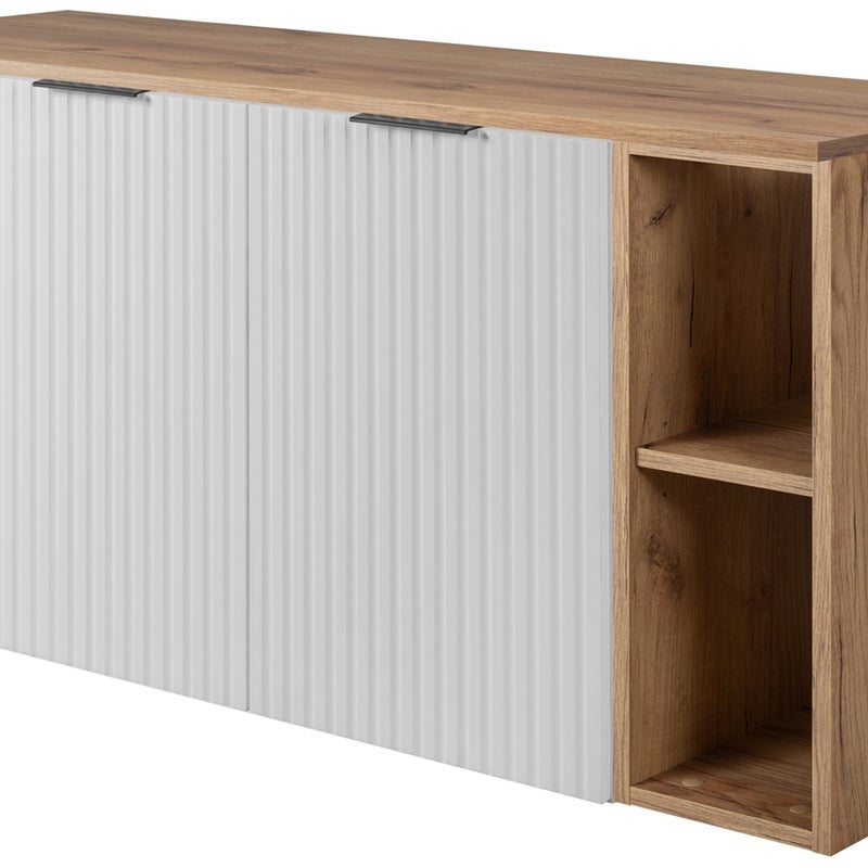 Zestaw łazienkowy FLOW 120 cm biały z blatem dąb craft i regałami