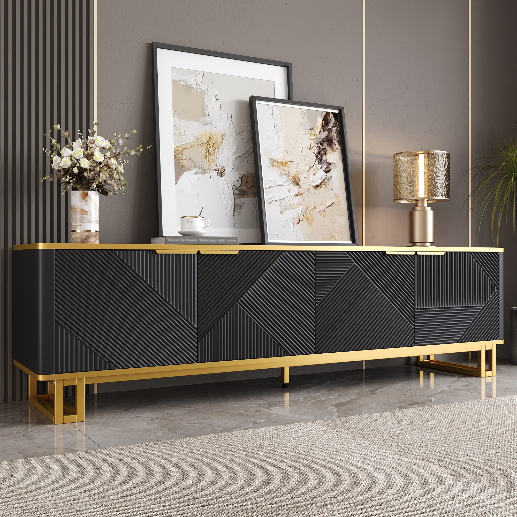 Stojak pod TV z 4 drzwiami - 160 x 37,5 x 48 cm - MDF i nogi z metalu w kolorze złotym - Czarny - 7