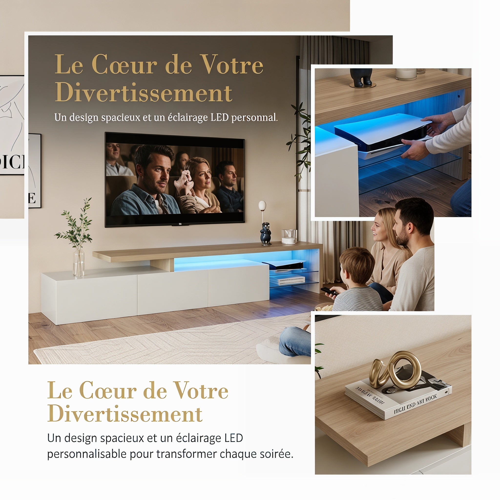 Meuble TV 200 cm, Support pour Téléviseur 75 Pouces, lumières LED variables, design 3 portes, étagères verre, Cadre en Bois, 200x39x42 cm - Blanc - 4