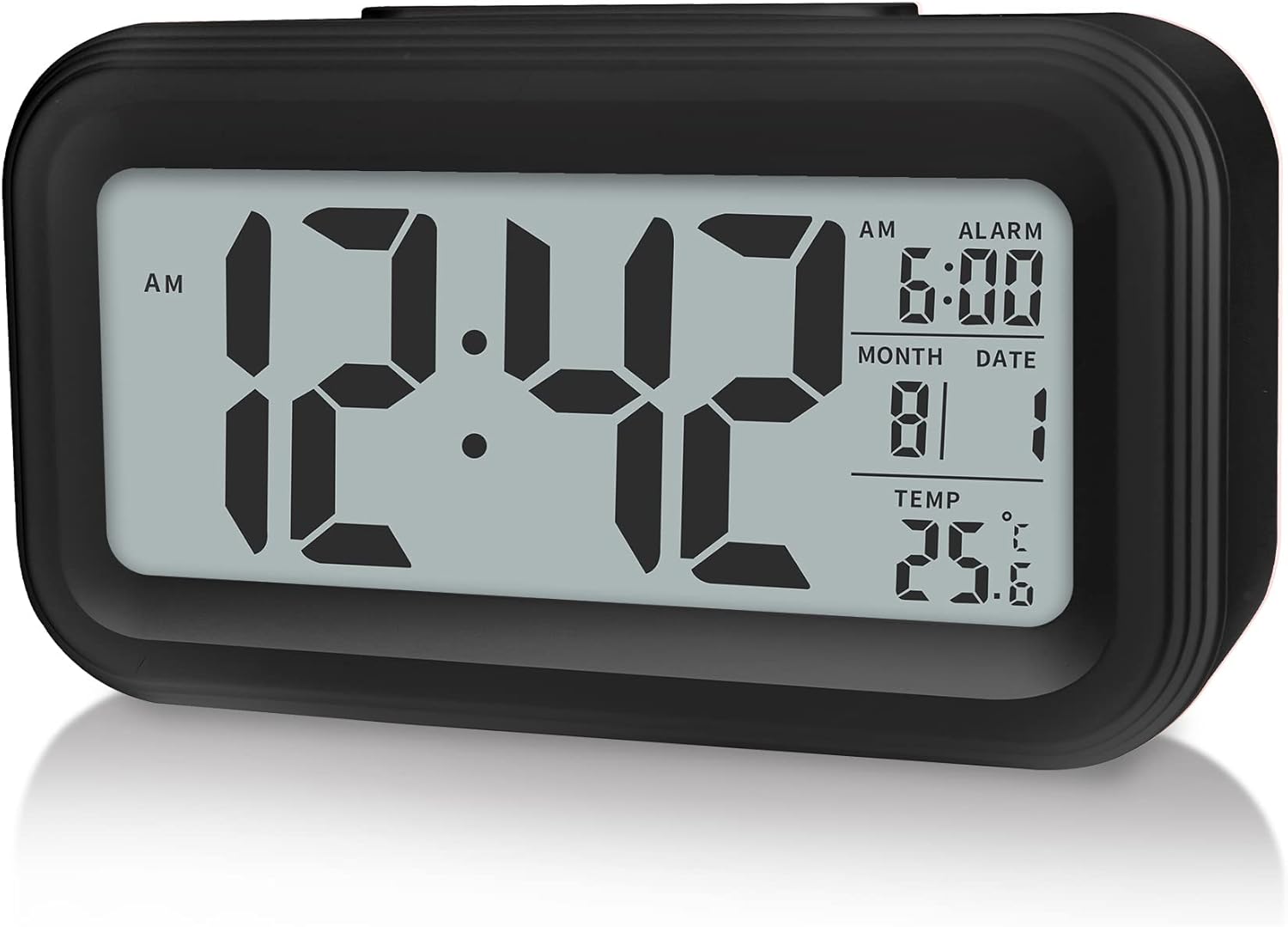 Sveglia Digitale A LED Con Attivazione Vocale – Display A Specchio, Temperatura Ambiente E Snooze, 17x7x2,5 Cm, ABS Nero