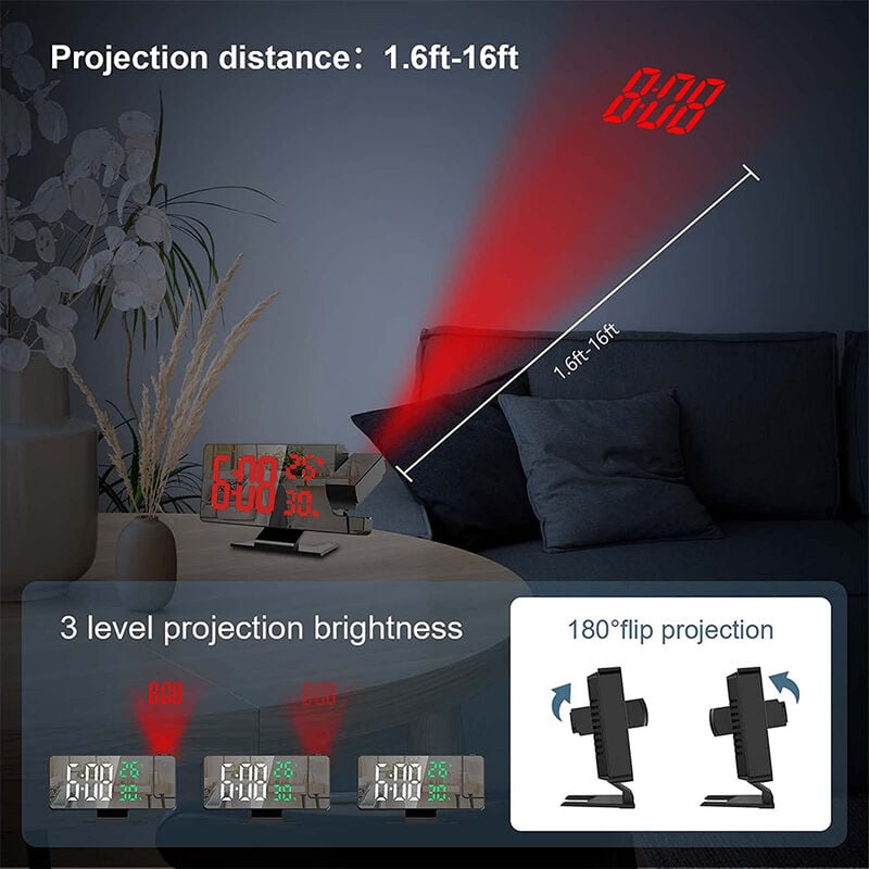 Réveil à projection pour chambre à coucher, grande horloge numérique avec projecteur à 180°, 12/24H, port de charge USB, affichage - 4