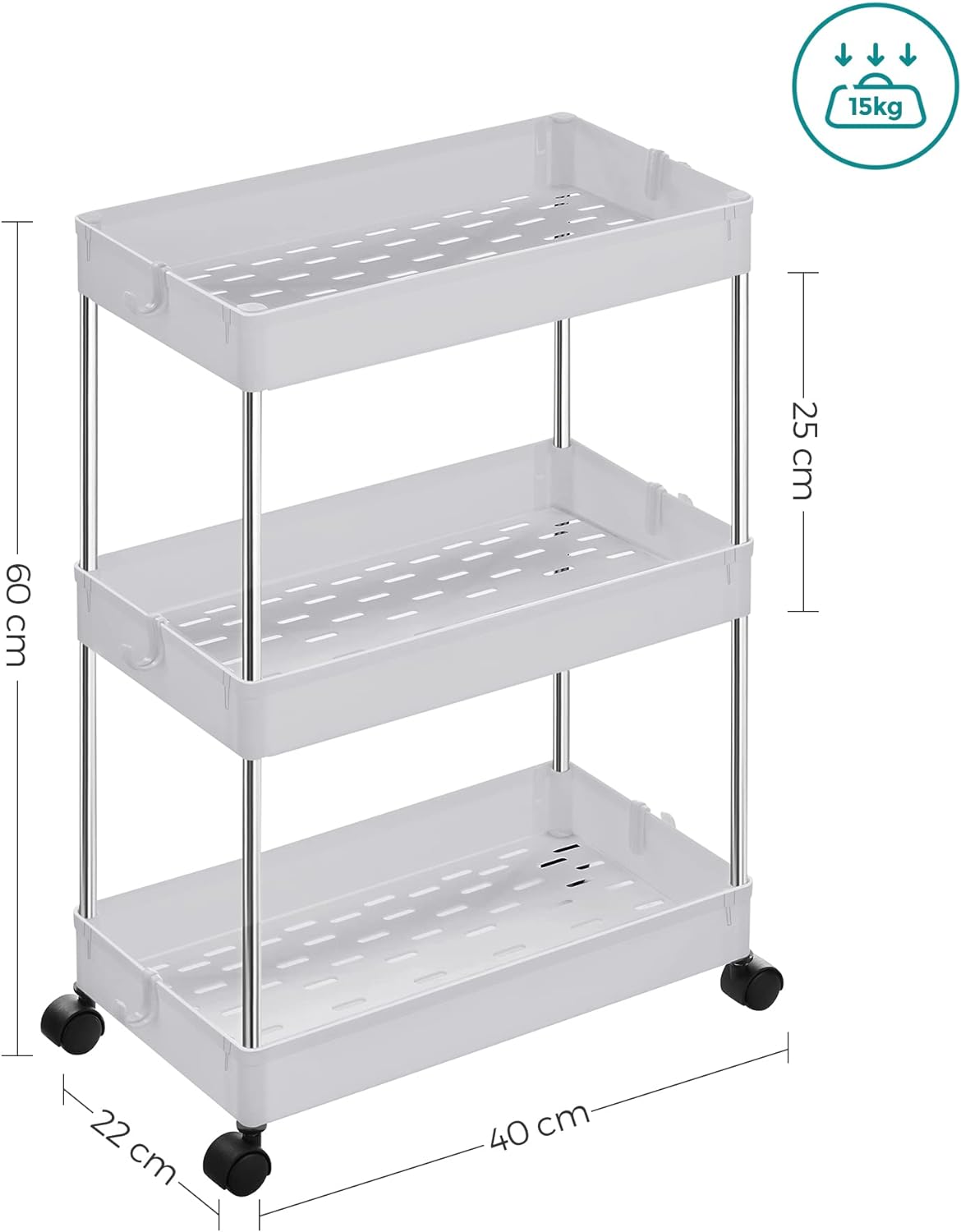 Desserte à roulettes, Chariot de Rangement, Étagère Roulante, 3 Niveaux, Gain de Place, pour Salle de Bain, Cuisine, Bureau, 40 x 22 x 60 cm, Blanc - 5