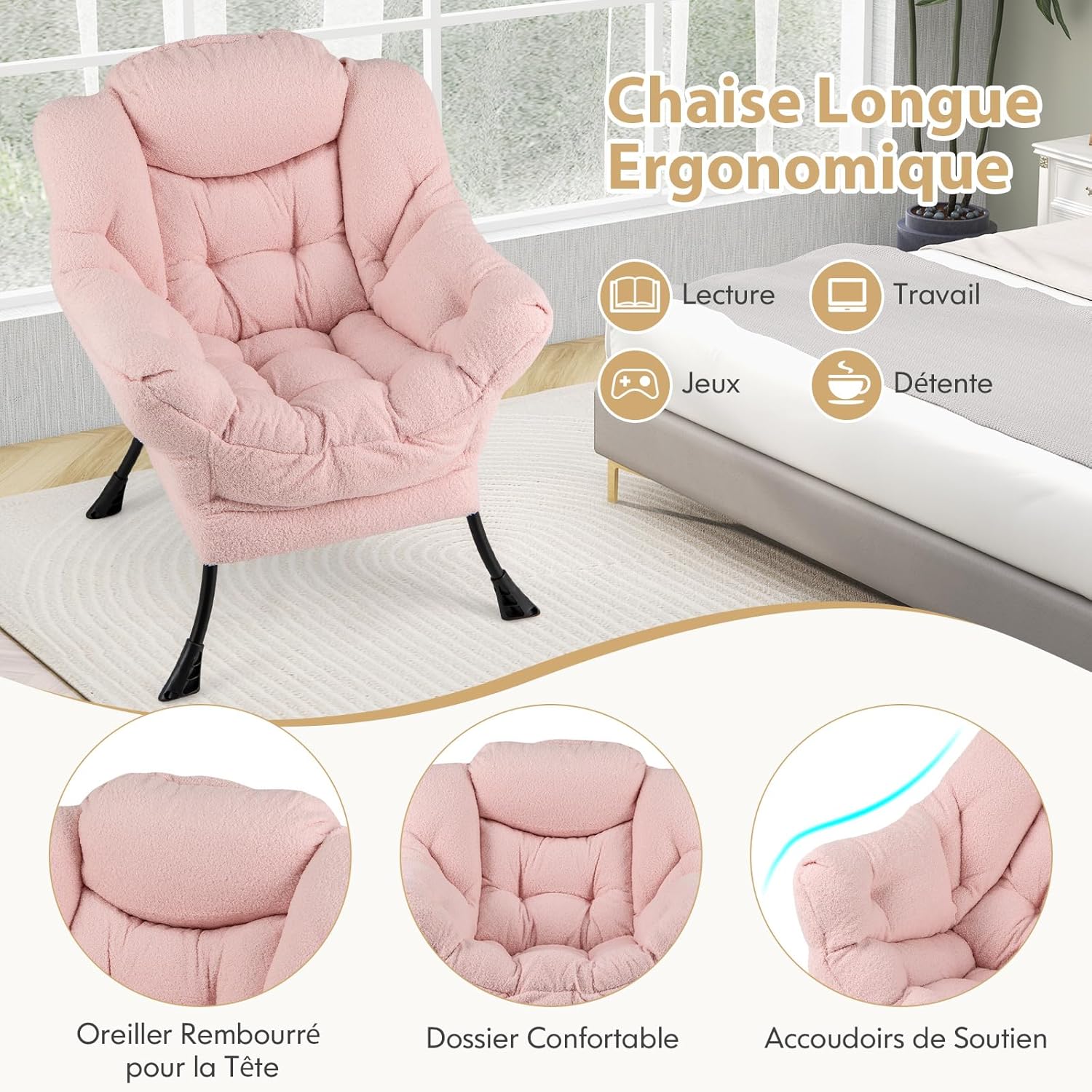 Poltrona Relax, Poltrona da Lettura con Cuscino, Elegante con Schienale e Seduta Imbottiti, Braccioli e Tasca di Stoccaggio, Portata 150 kg (S - 4