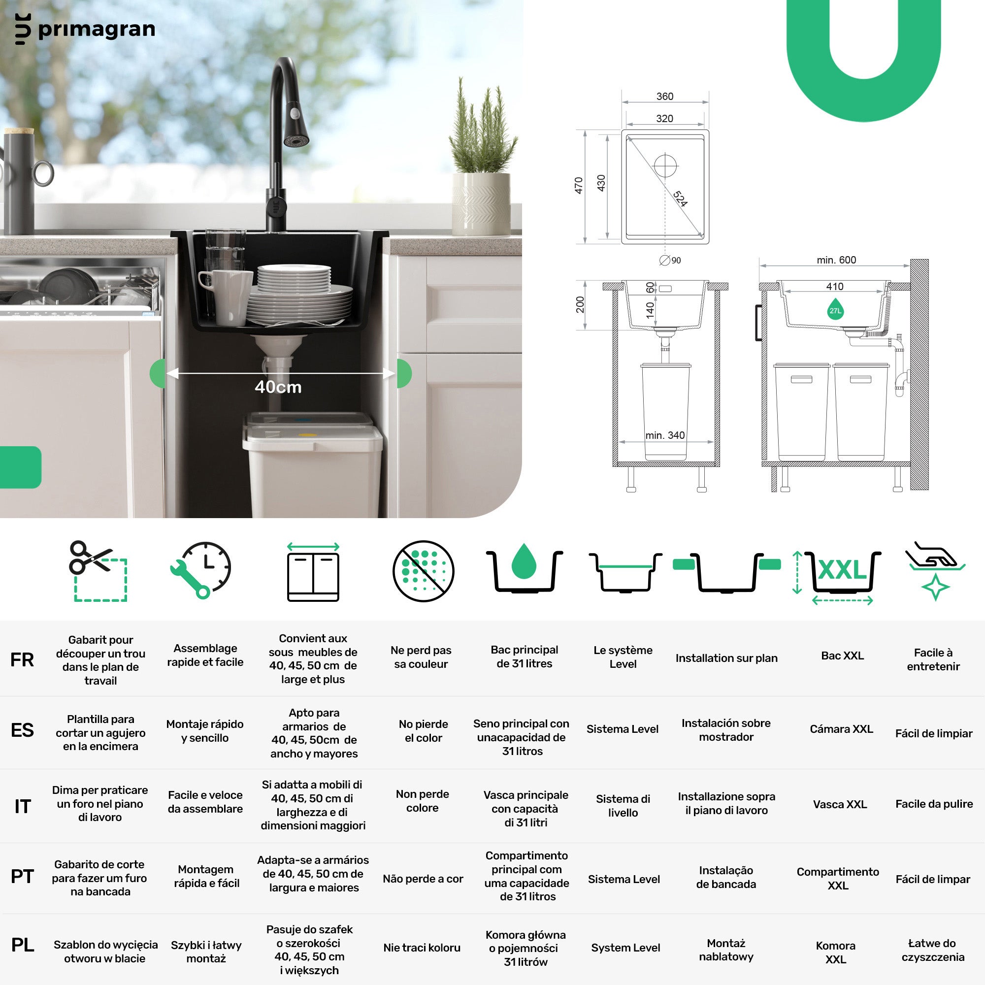 Lavandino da Cucina Nero 36x47cm, Lavello in Granito a 1 vasca + Sifone Classico + Accessori, Lavabo da Cucina Incasso al mobile 40cm PRIMAGRAN - 6