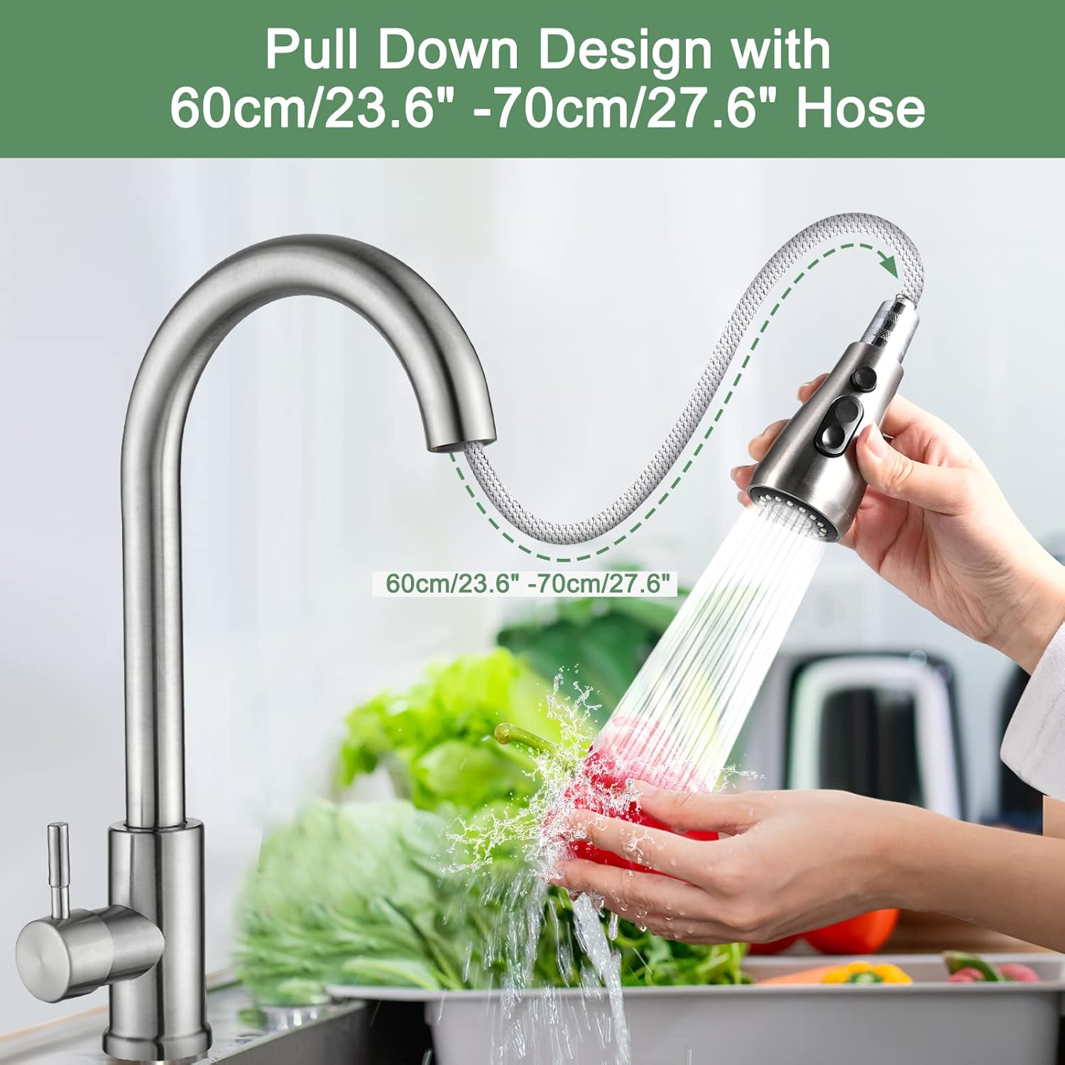 Robinet Cuisine Douchette Mitigeur Cuisine Pivotant à 360° d'Évier à Arc Élevé Robinet de Cuisine en Acier Inoxydable 3 Modes Pulvérisateur - 2