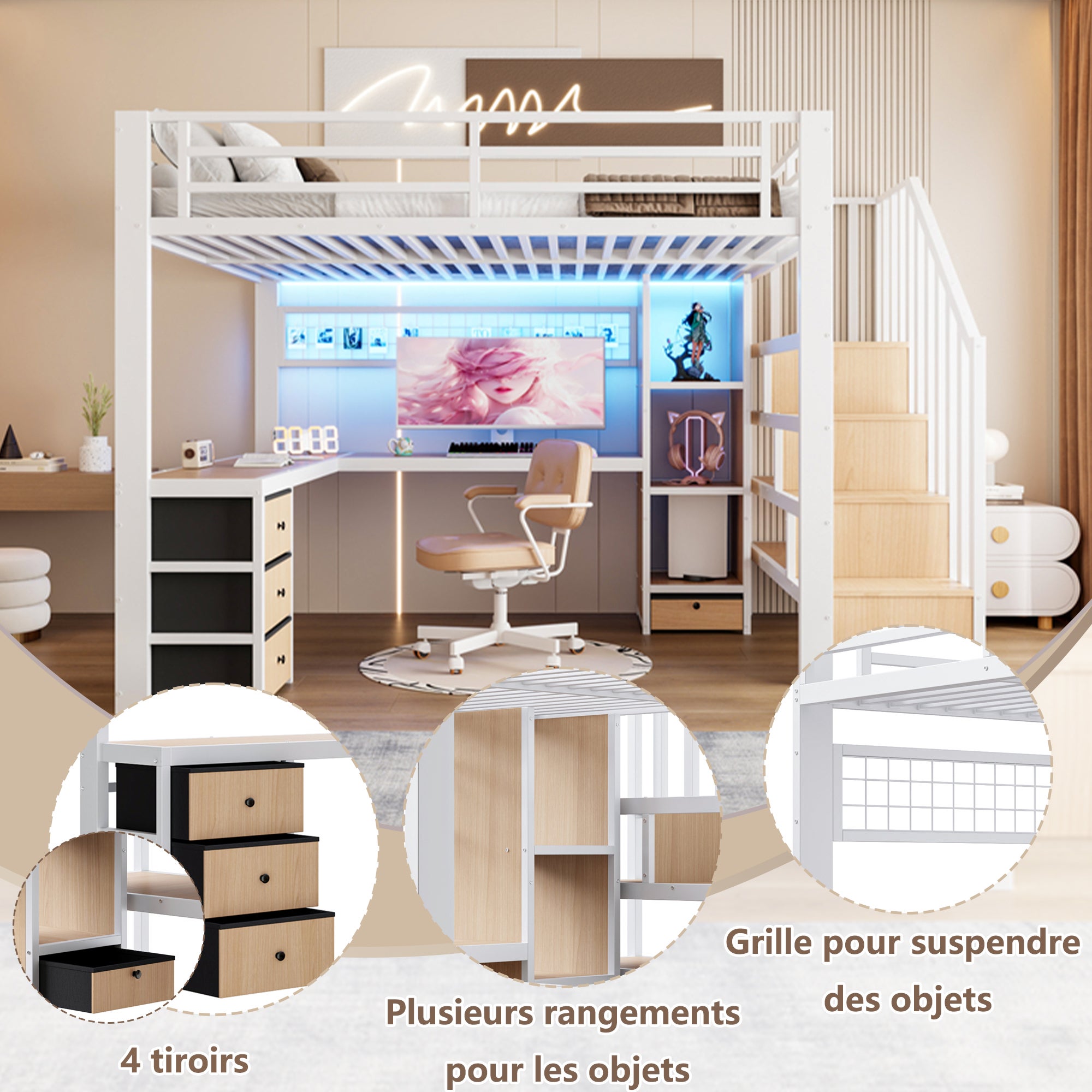 Lit mezzanine 140 x 200 cm avec bureau intégré, Lit adulte structure en fer avec penderie LED, 4 tiroirs et escalier de rangement, sans matelas, Blanc - 4